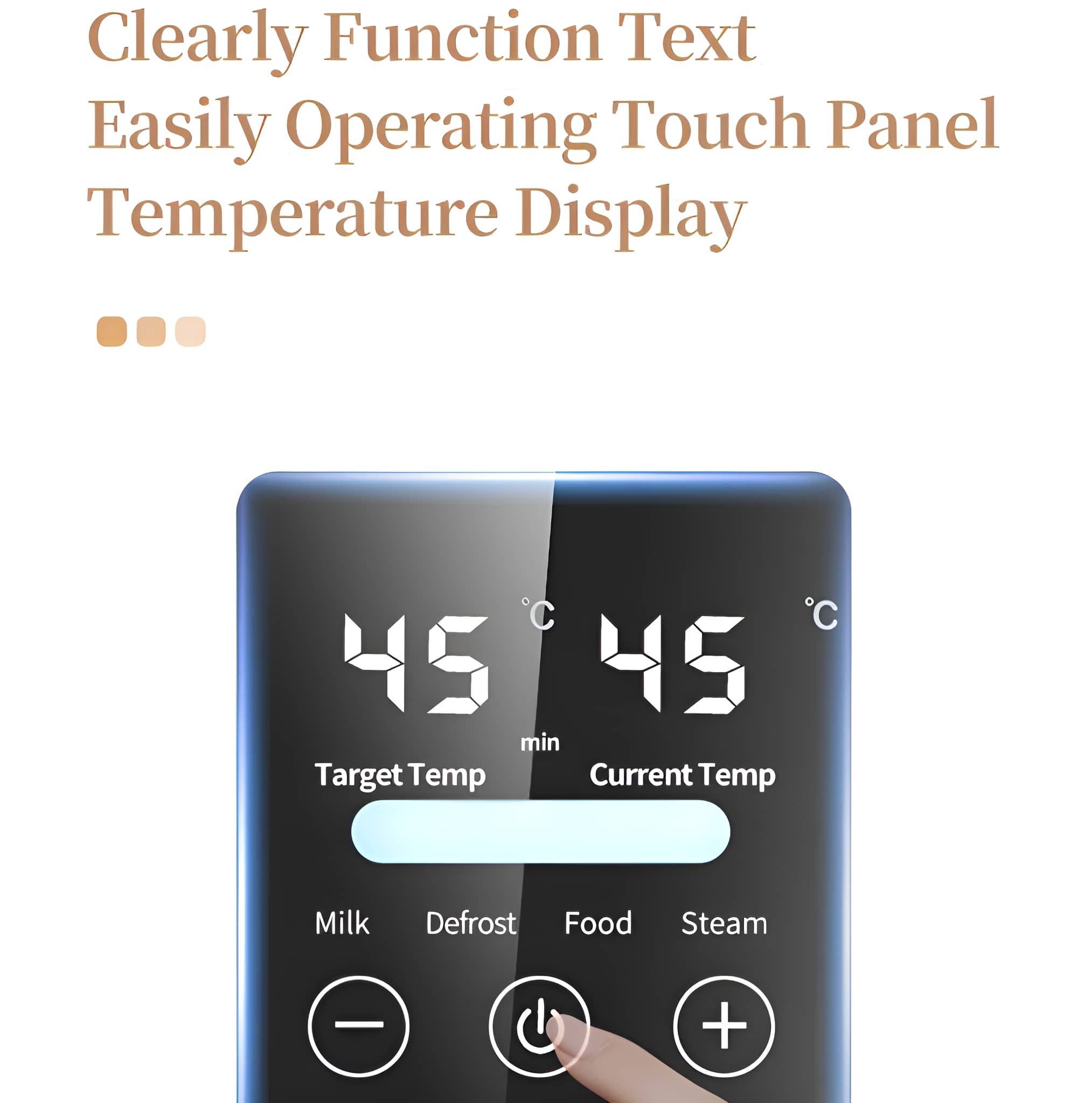 Nahaufnahme eines digitalen Displays mit den Zahlen 45 und 45. Text: Zieltemp, aktuelle Temp, Milch, Auftauen.