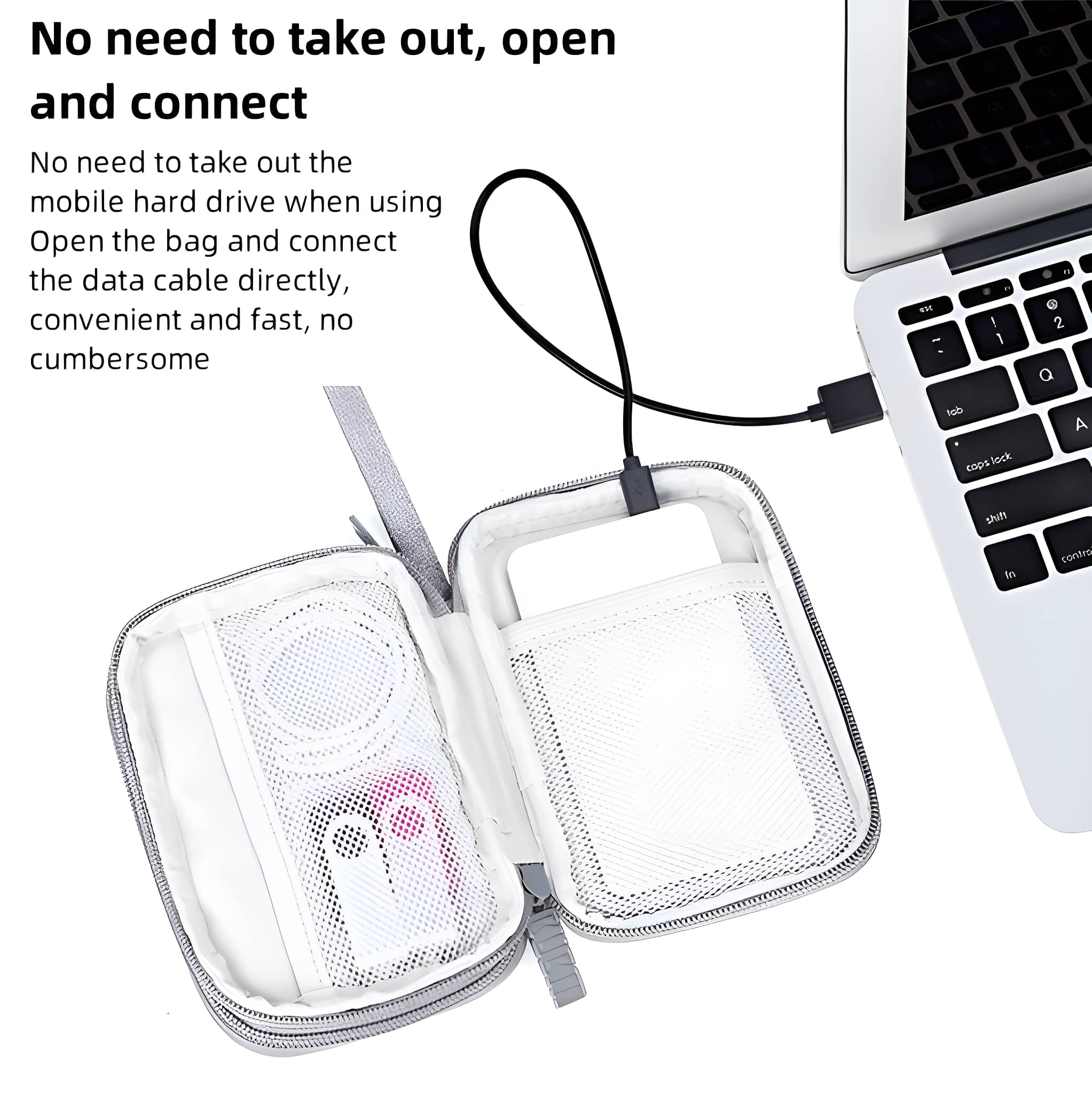 Ein weißes Etui mit Reißverschluss und einem kleinen weißen Beutel, der mit einem Laptop verbunden ist.