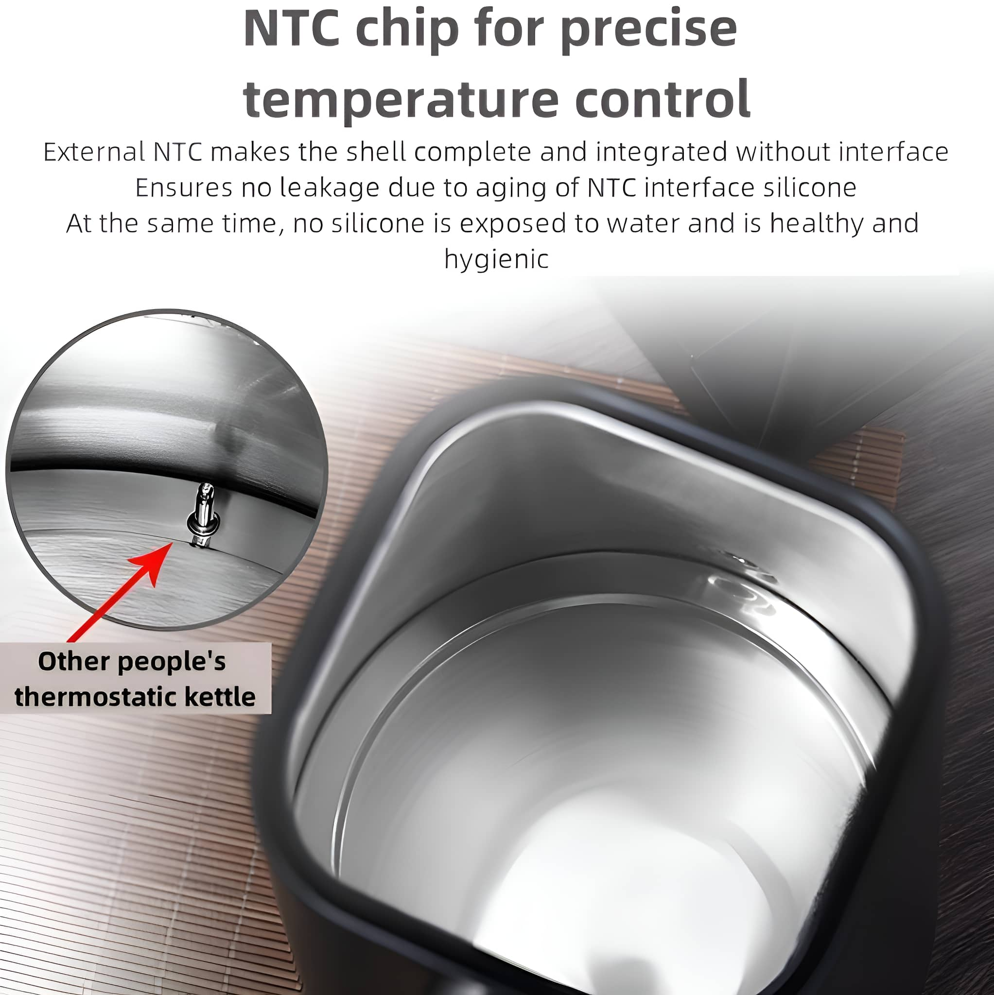 Nahaufnahme des Inneren eines schwarzen Wasserkochers. Text hebt hervor 'NTC-Chip für präzise Temperaturkontrolle'.