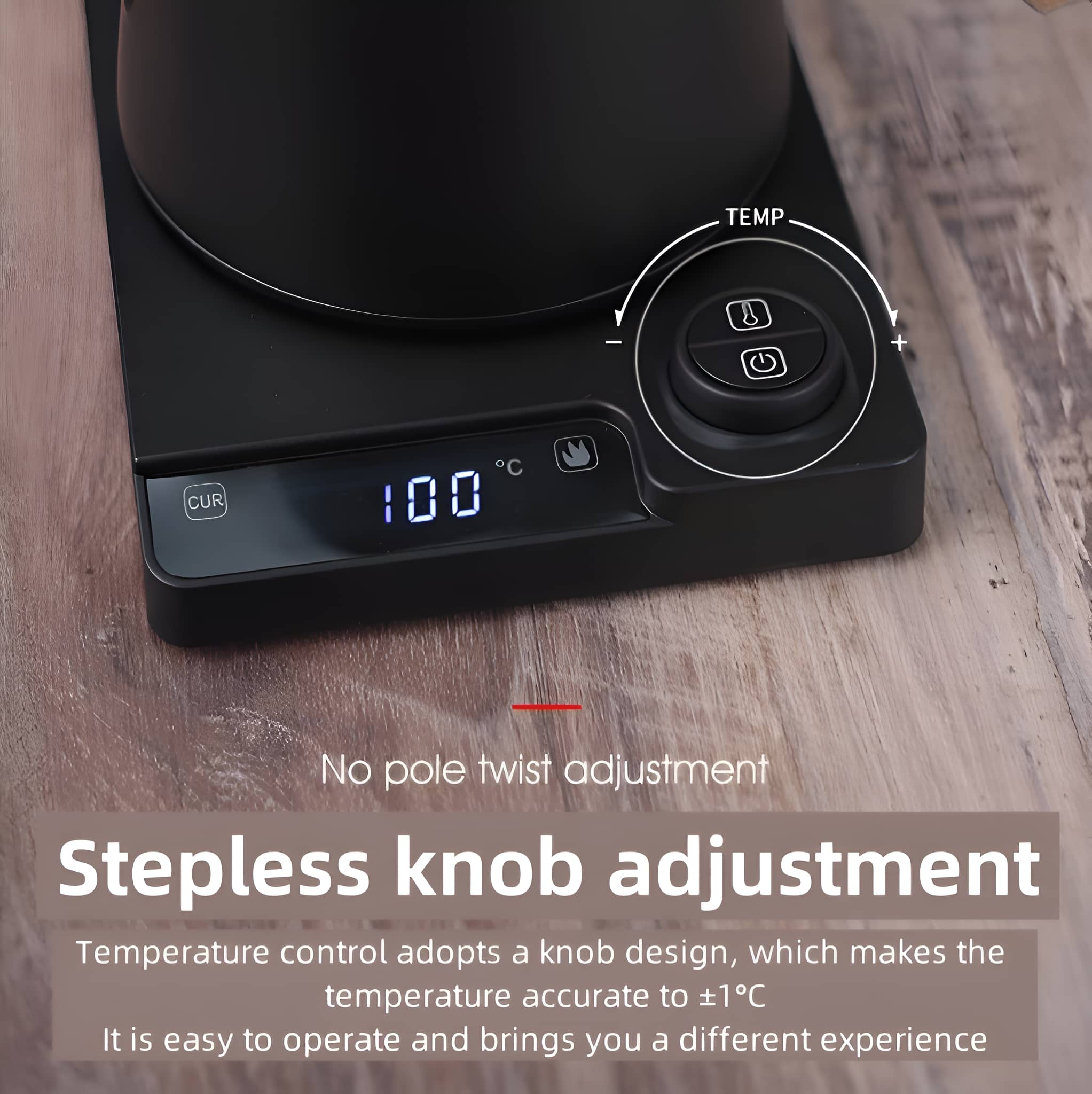 Schwarzes Bedienfeld mit Digitalanzeige, die 100 °C anzeigt. Text: "Stufenlose Knopfeinstellung".