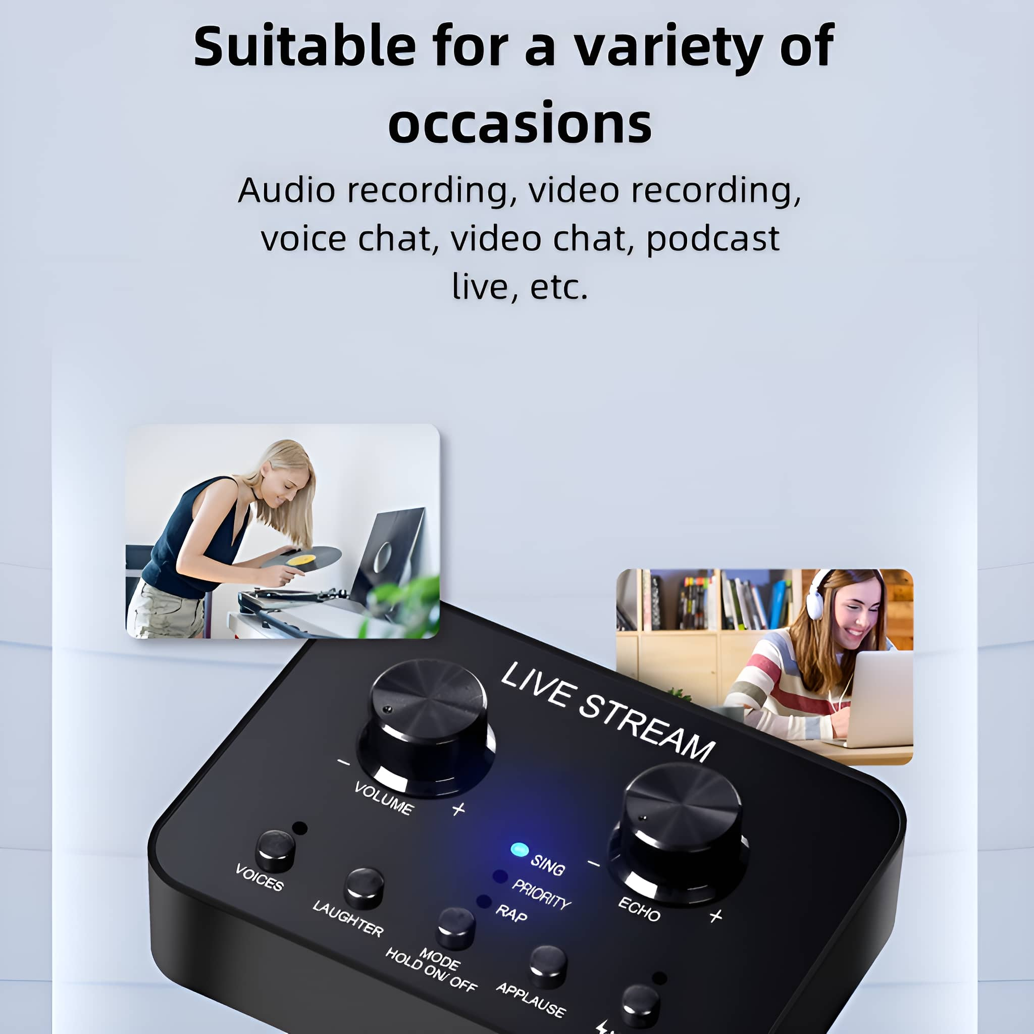 Ein schwarzer Audiomixer mit mehreren Tasten und Bildern von Personen, die Audio und Video aufnehmen.