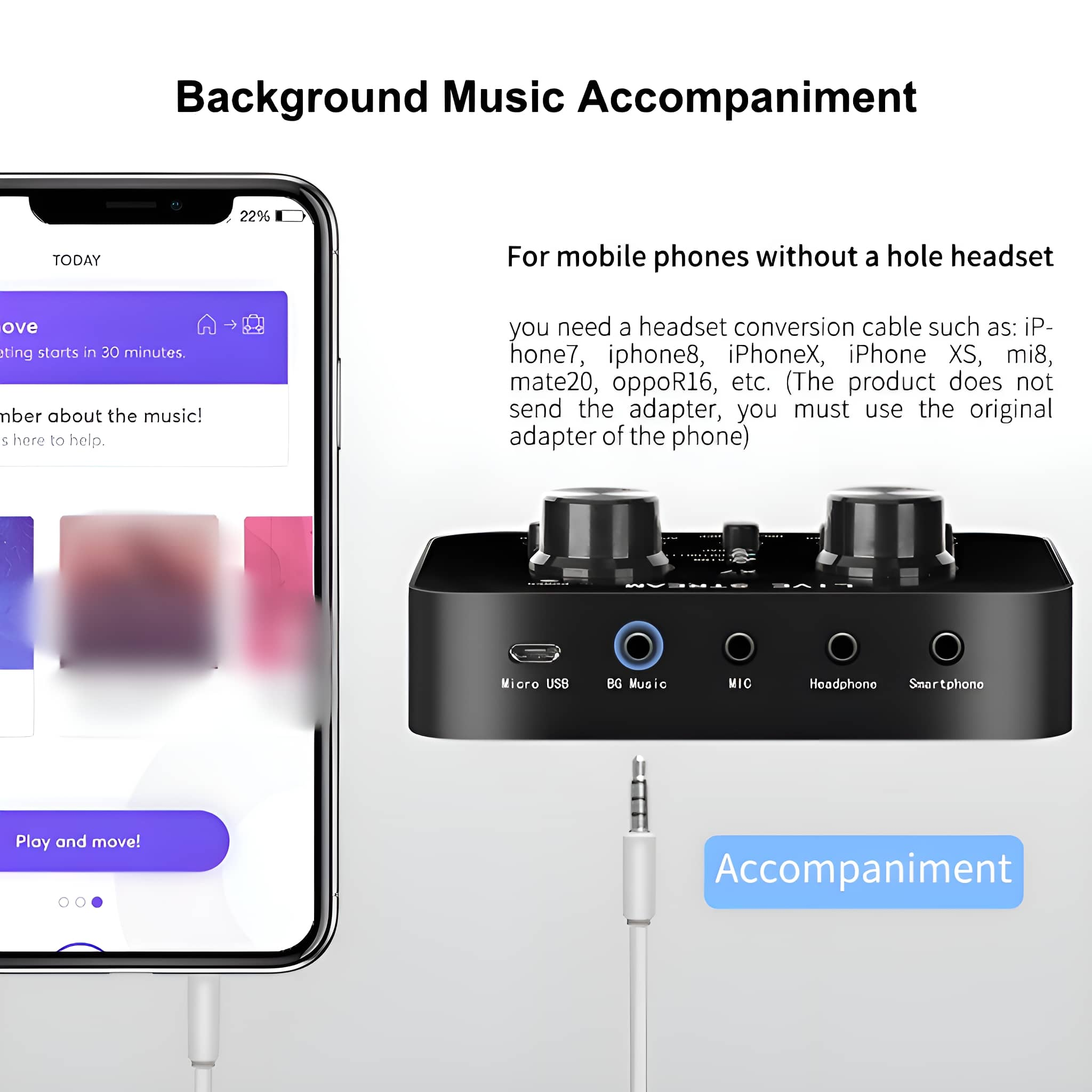 Ein Smartphone mit blauem Bildschirm ist mit einem schwarzen Begleitgerät verbunden.