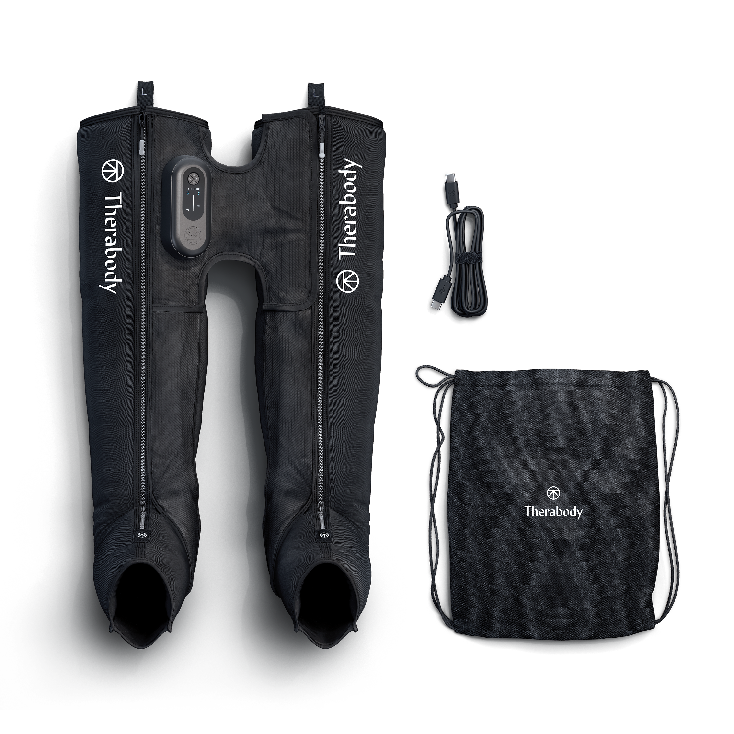 Masajeador de piernas de compresión negro con panel de control, cable USB y bolsa de transporte.