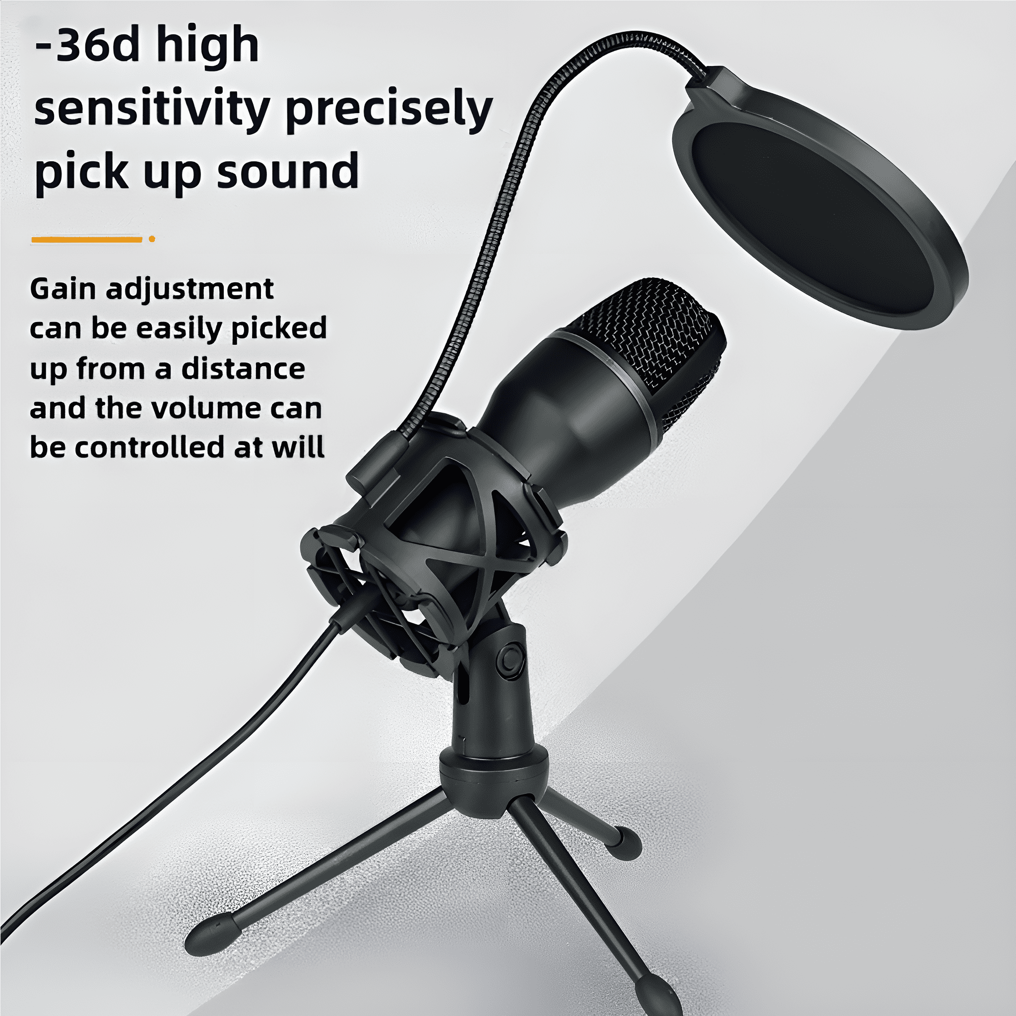 Schwarzes Mikrofon auf einem Ständer, mit Pop-Filter.