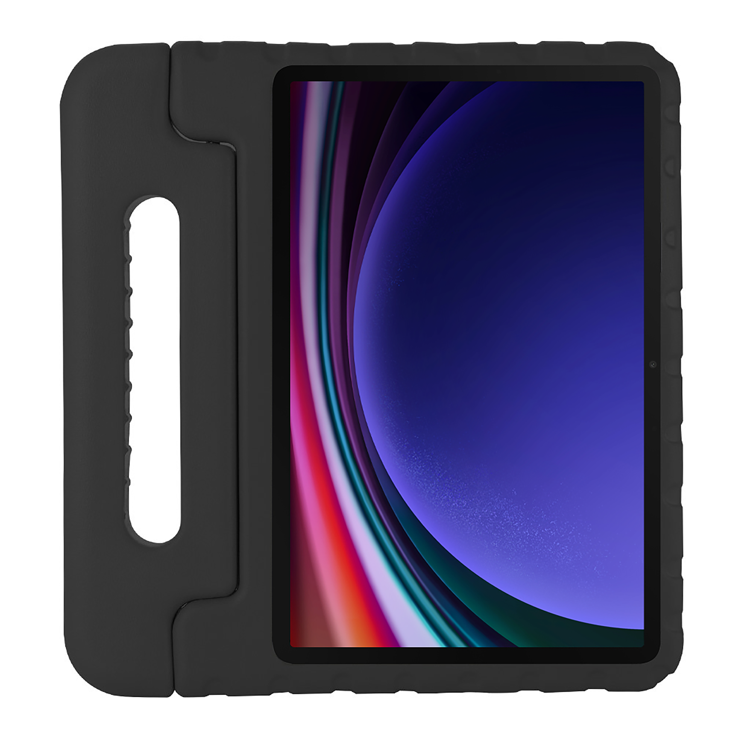 Schwarzes Tablet in schwarzer Hülle mit Griff. Der Bildschirm zeigt bunte, abstrakte Bilder.