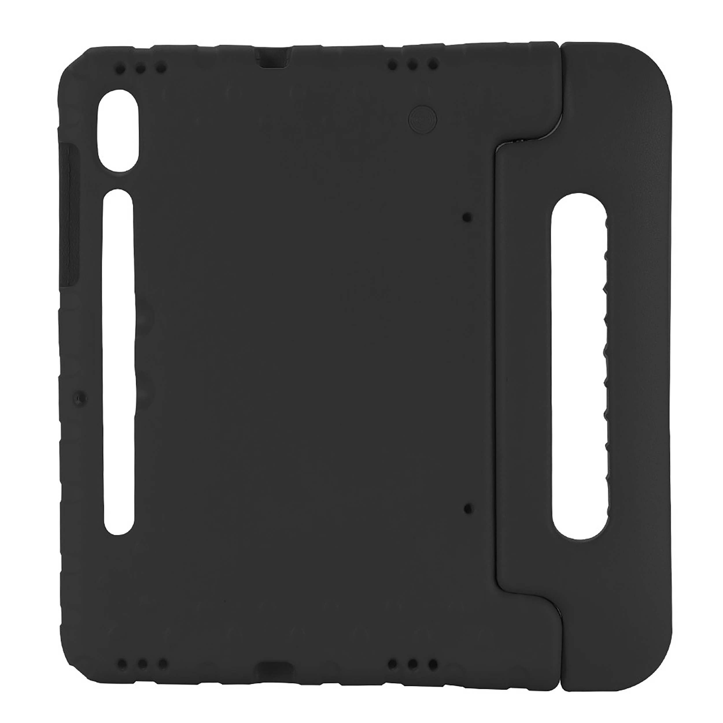 Eine schwarze Tablethülle mit einem Griff. Die Hülle hat einen Griff und ist schwarz.