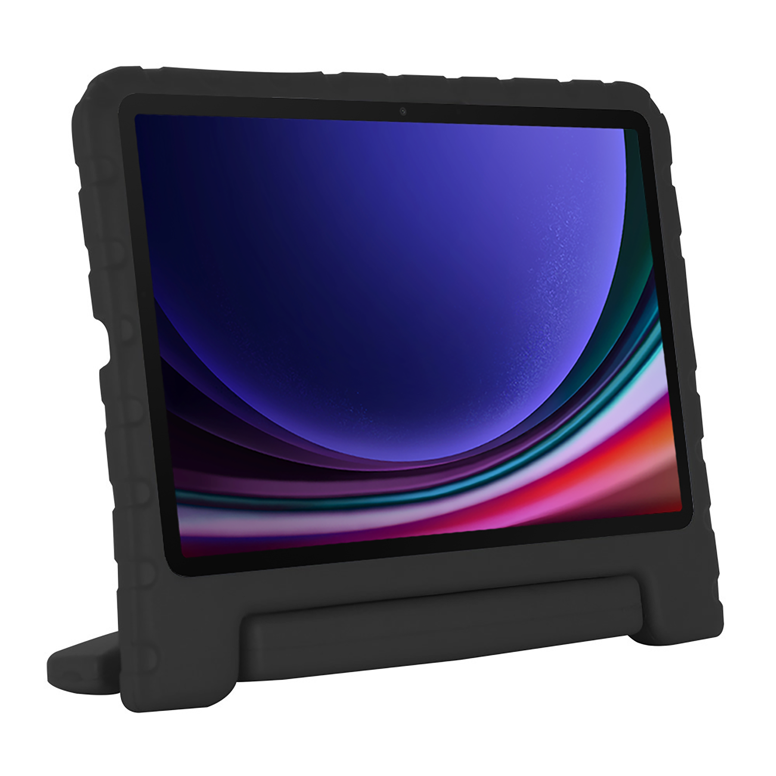 Schwarzes Tablet in einer schwarzen Hülle mit einem Bildschirm, der ein farbenfrohes Bild zeigt. Die Hülle hat einen Ständer.