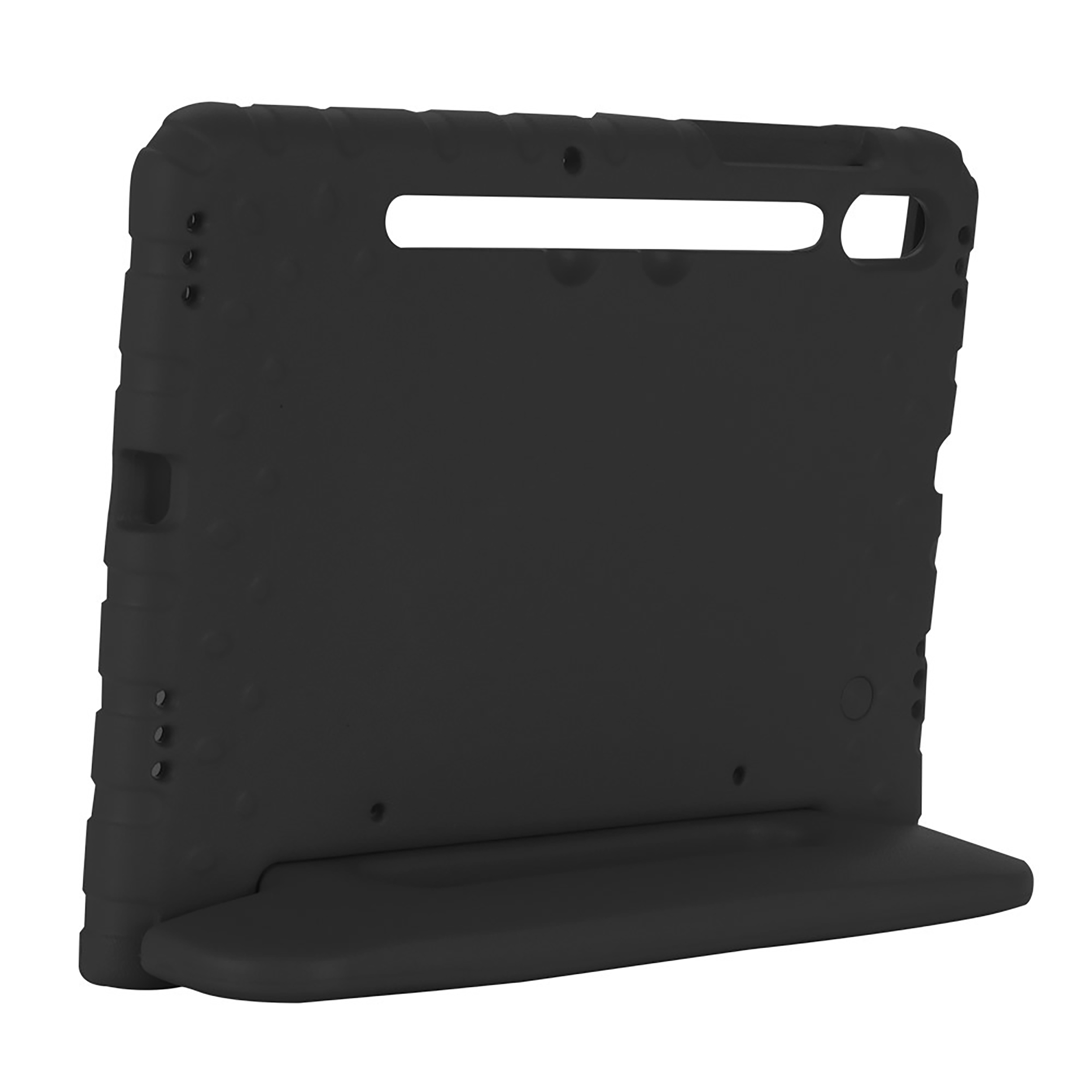 Schwarze Tablethülle mit Ständer. Sie ist nach oben abgewinkelt und zeigt die Rückseite des Tablets.