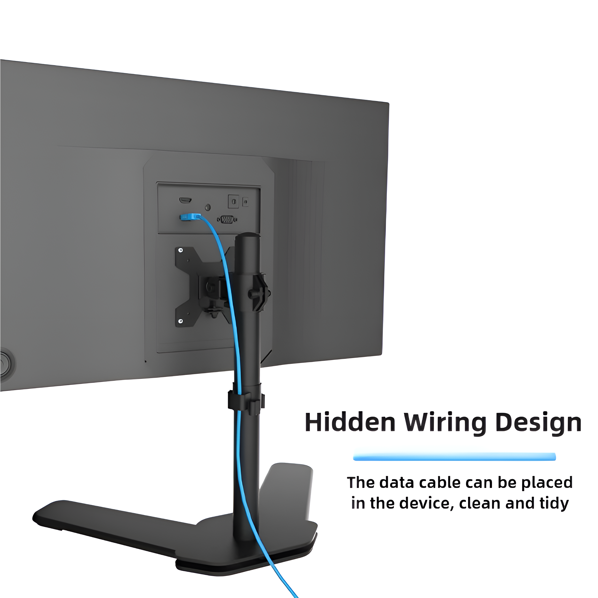 Ein Monitorständer mit blauem Kabel. Der Monitor ist montiert und das Kabel ist an der Rückseite angeschlossen.