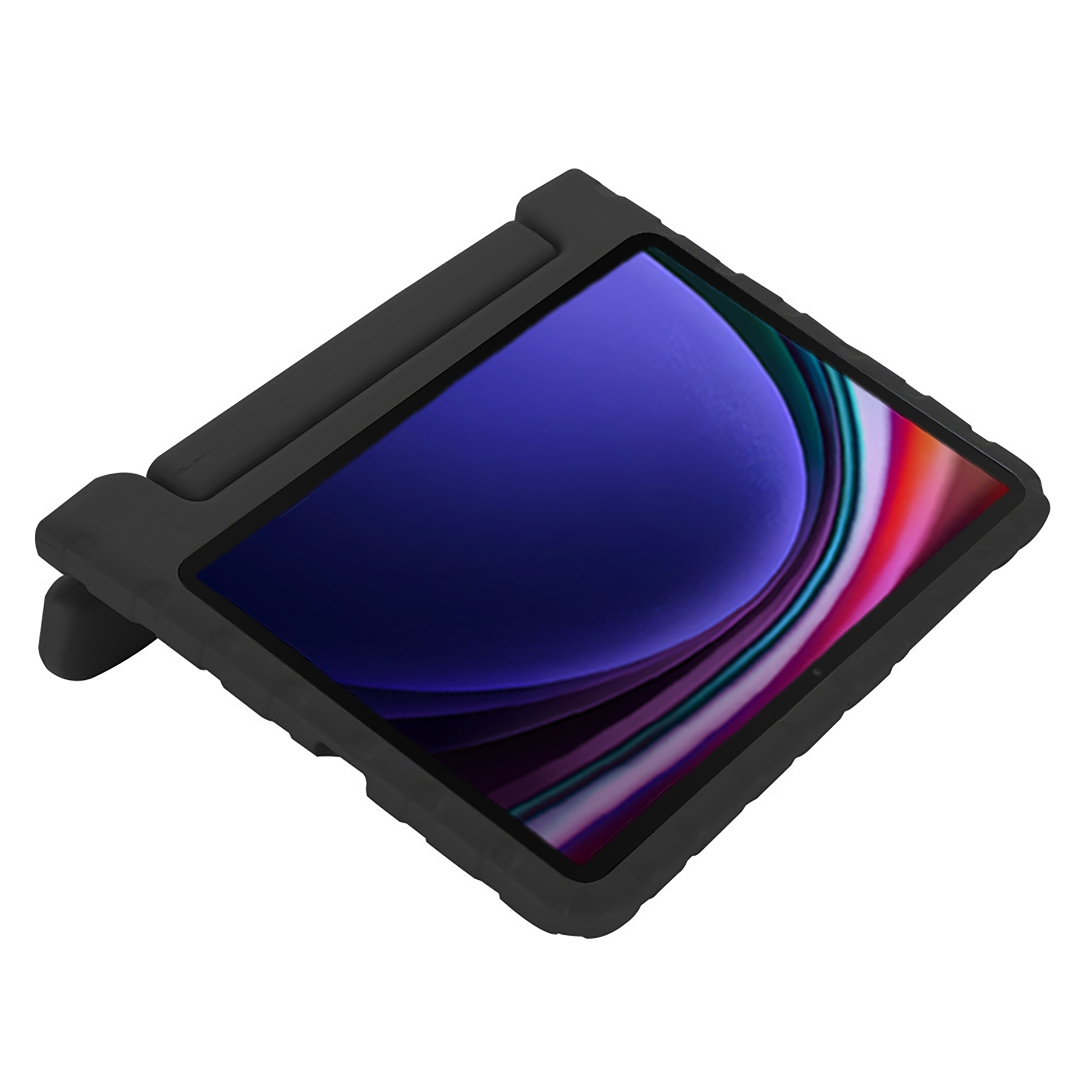 Schwarzes Tablet in einer schwarzen Schutzhülle, abgewinkelt vor weißem Hintergrund.