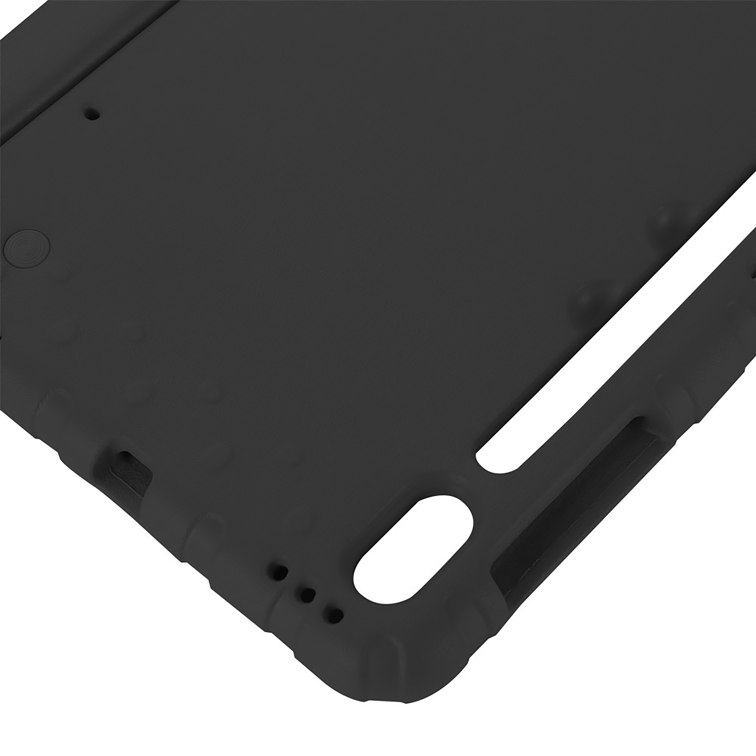 Schwarze Tablet-Ecke mit Aussparungen für Anschlüsse und Knöpfe, robustes Schutzdesign.
