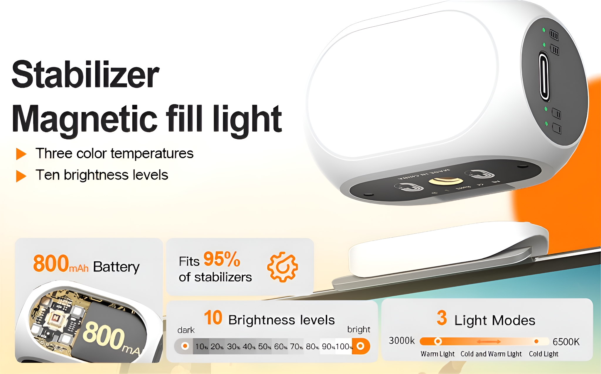 Weißer Stabilisator mit Licht. Der Stabilisator hat eine Batterie, Helligkeitsstufen und drei Lichtmodi.