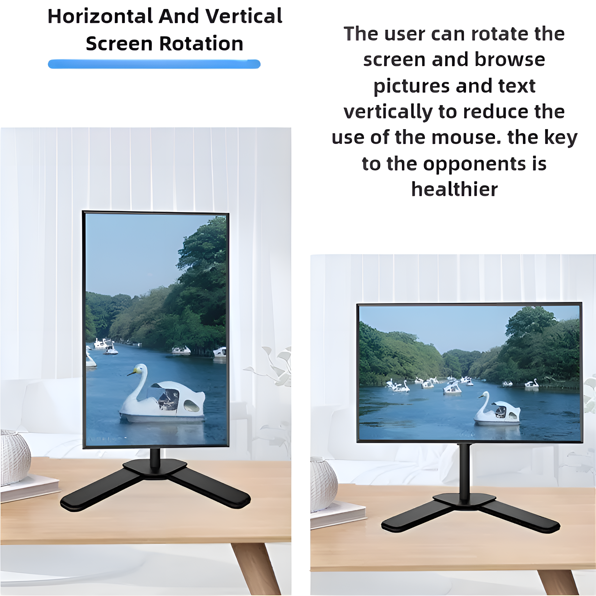 Zwei Monitore auf einem Holztisch. Einer ist vertikal, der andere horizontal. Weißer Hintergrund.