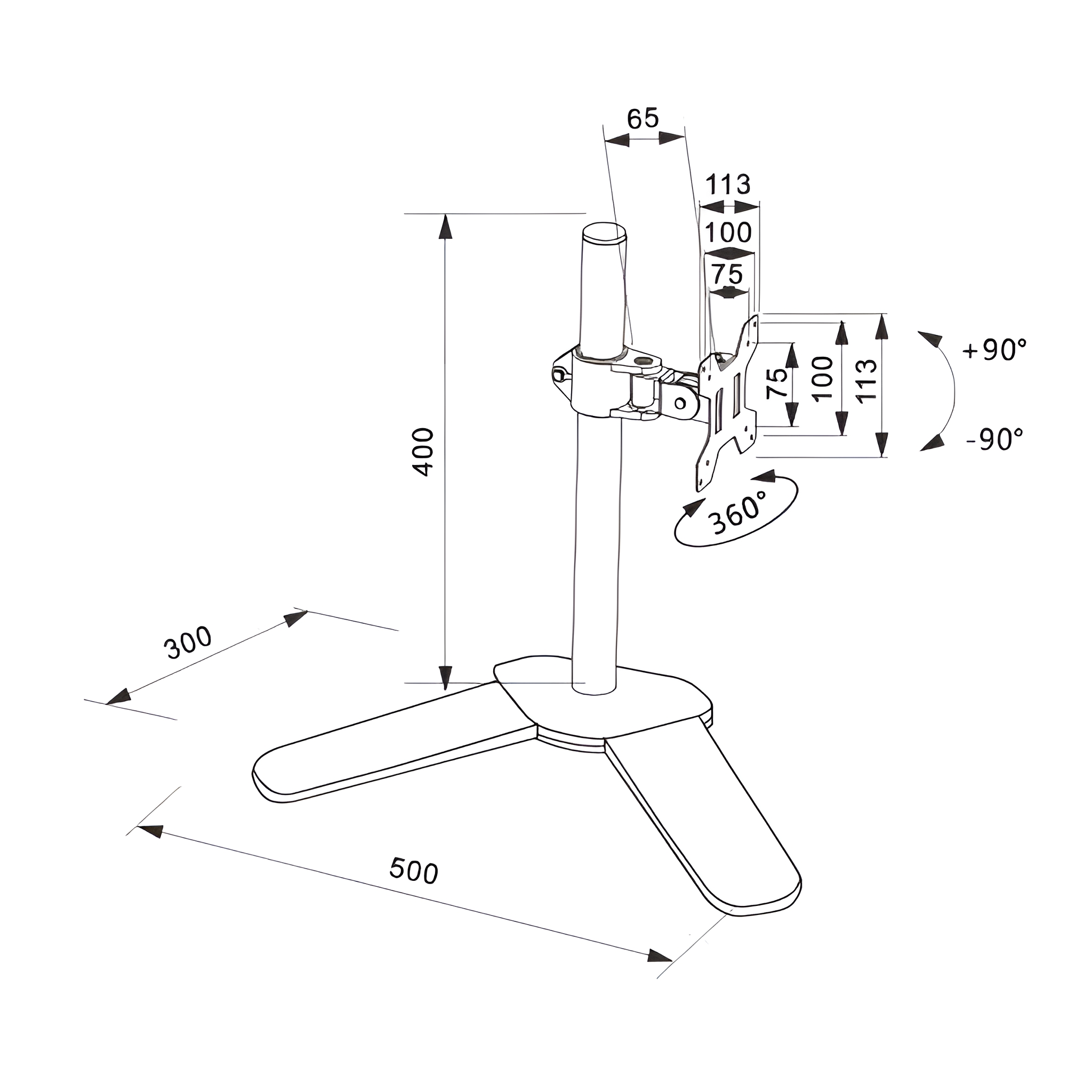 Technische Zeichnung eines Monitorständers, mit Maßangaben und Winkeln.