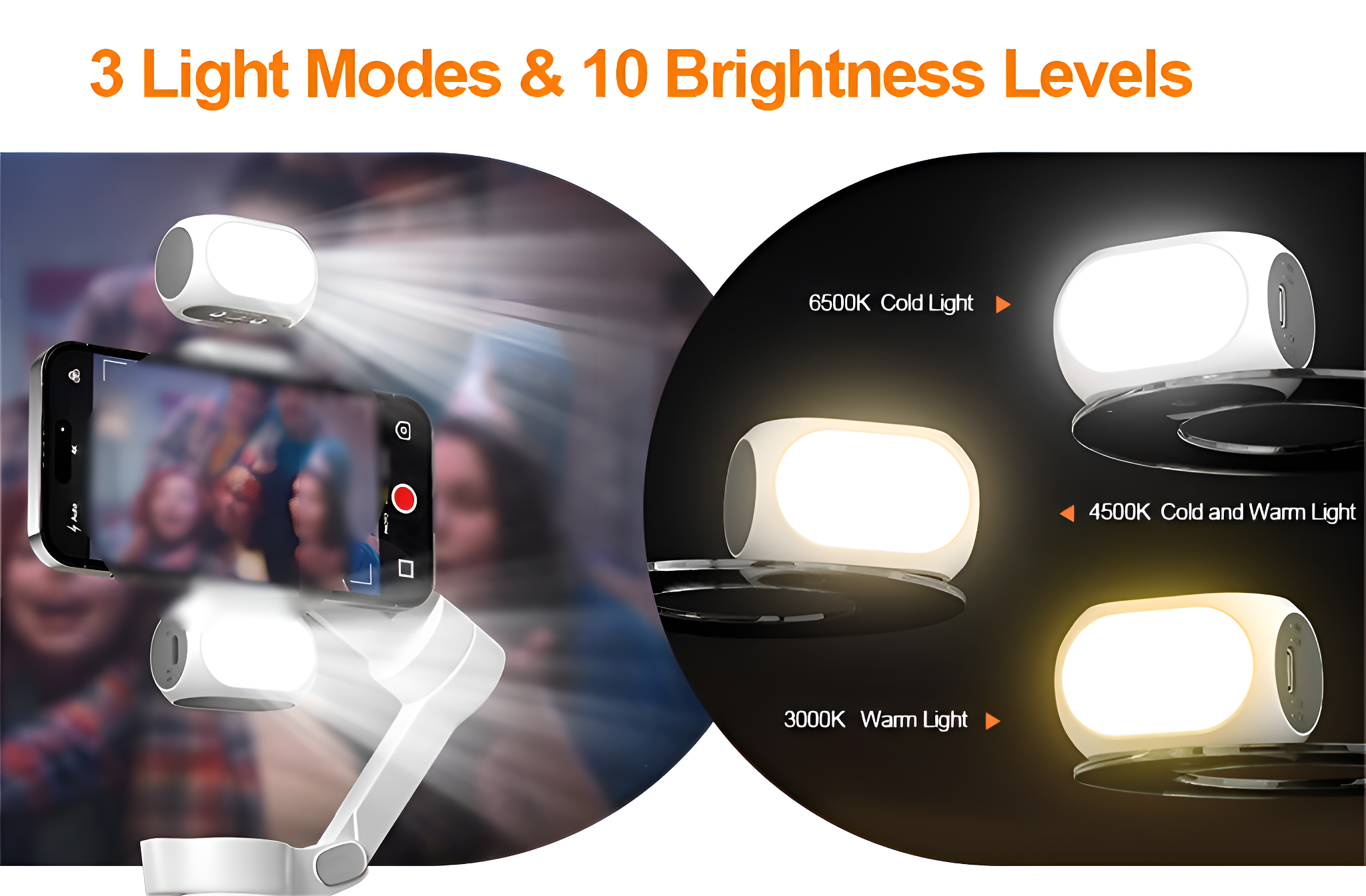 Smartphone mit Lichtmodi und Beispiele für kaltes, warmes und gemischtes Licht.