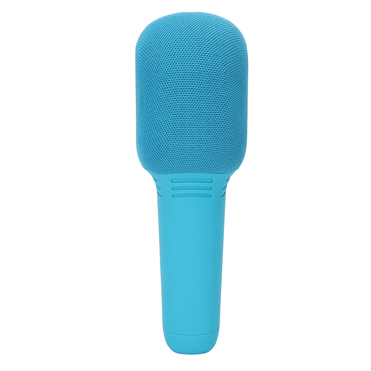 Blaues Mikrofon. Das Mikrofon hat eine Mesh-Oberseite und einen blauen Griff. Es ist auf weißem Hintergrund.