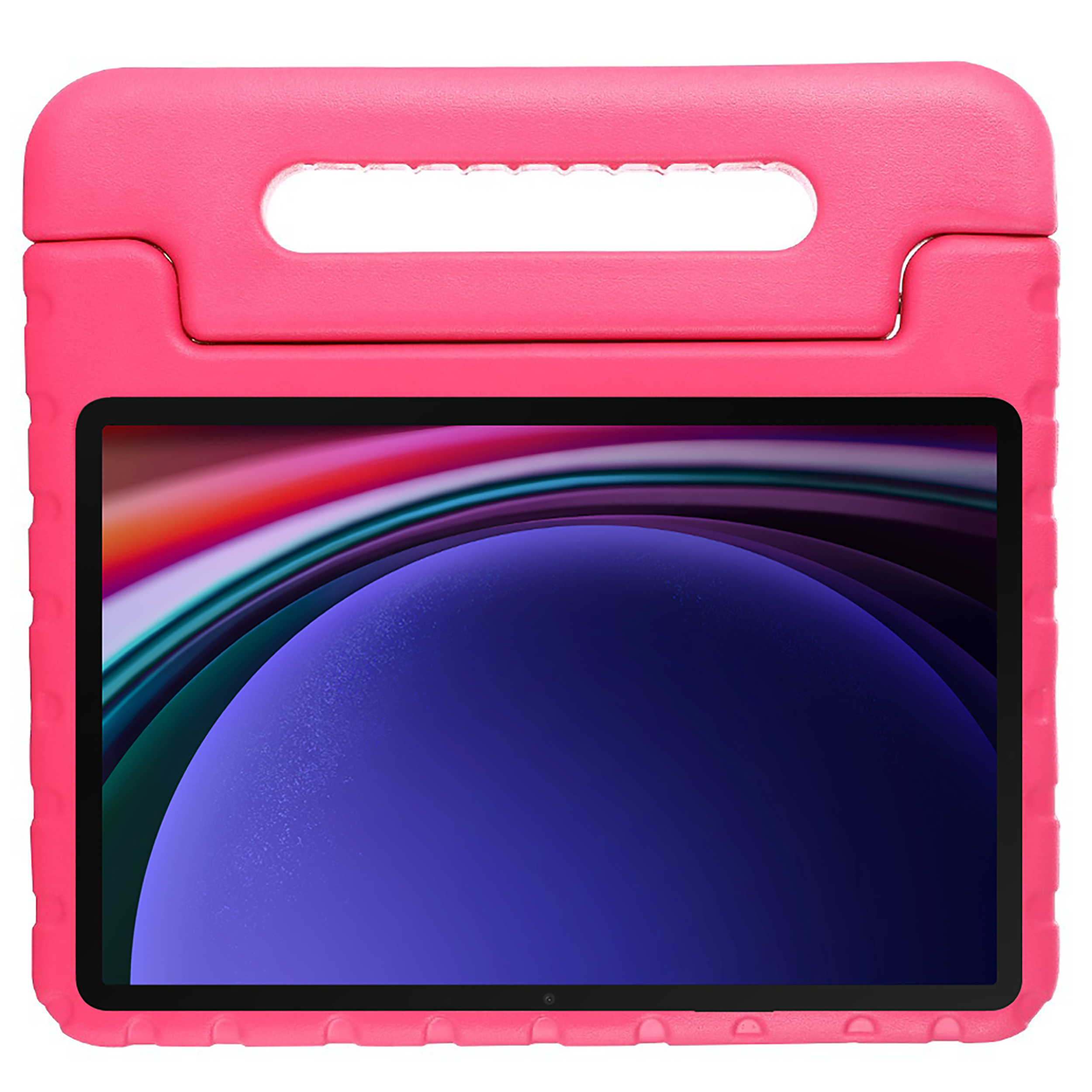 Rosa Tablethülle mit Griff. Sie schützt das Tablet mit einem Bildschirm, der ein farbenfrohes Design zeigt.
