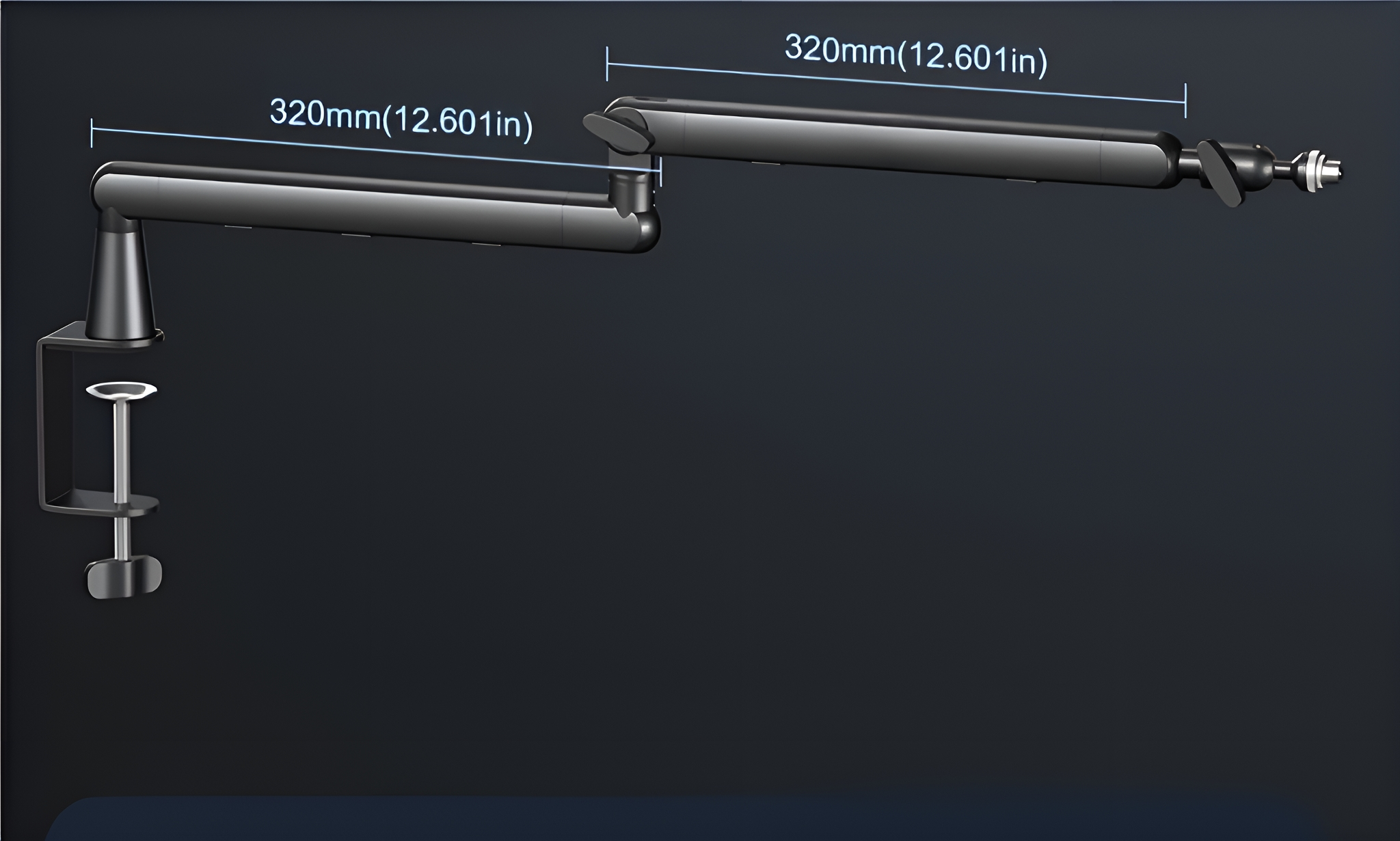 Ein schwarzer Mikrofonarm mit einer Klemme links und einem gelenkigen Arm. Der Arm misst 320 mm.