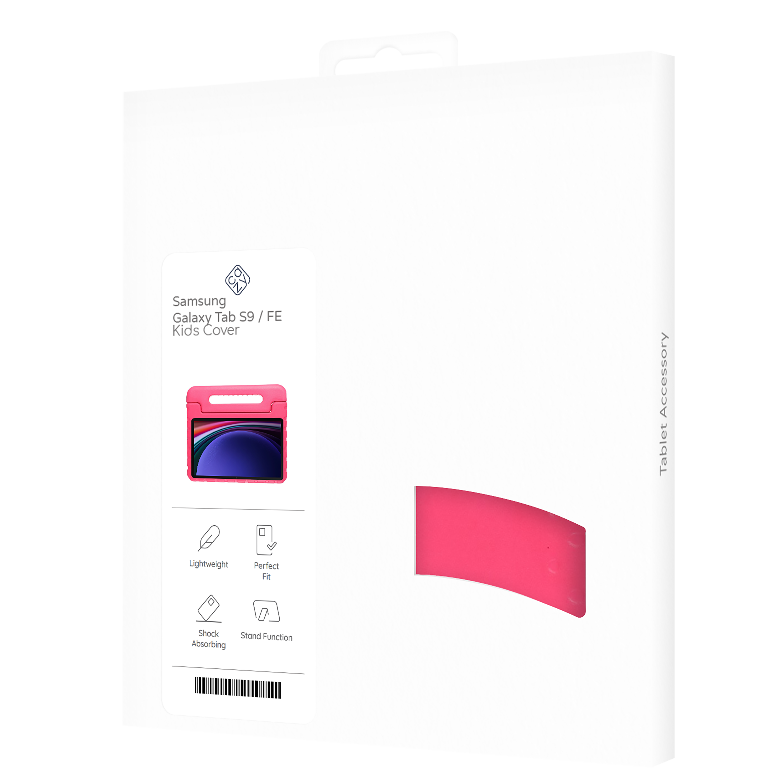 Weiße Box mit dem Samsung Galaxy Tab S9/FE Kids Cover. Pinkes Gehäusebild und Text auf dem Cover.