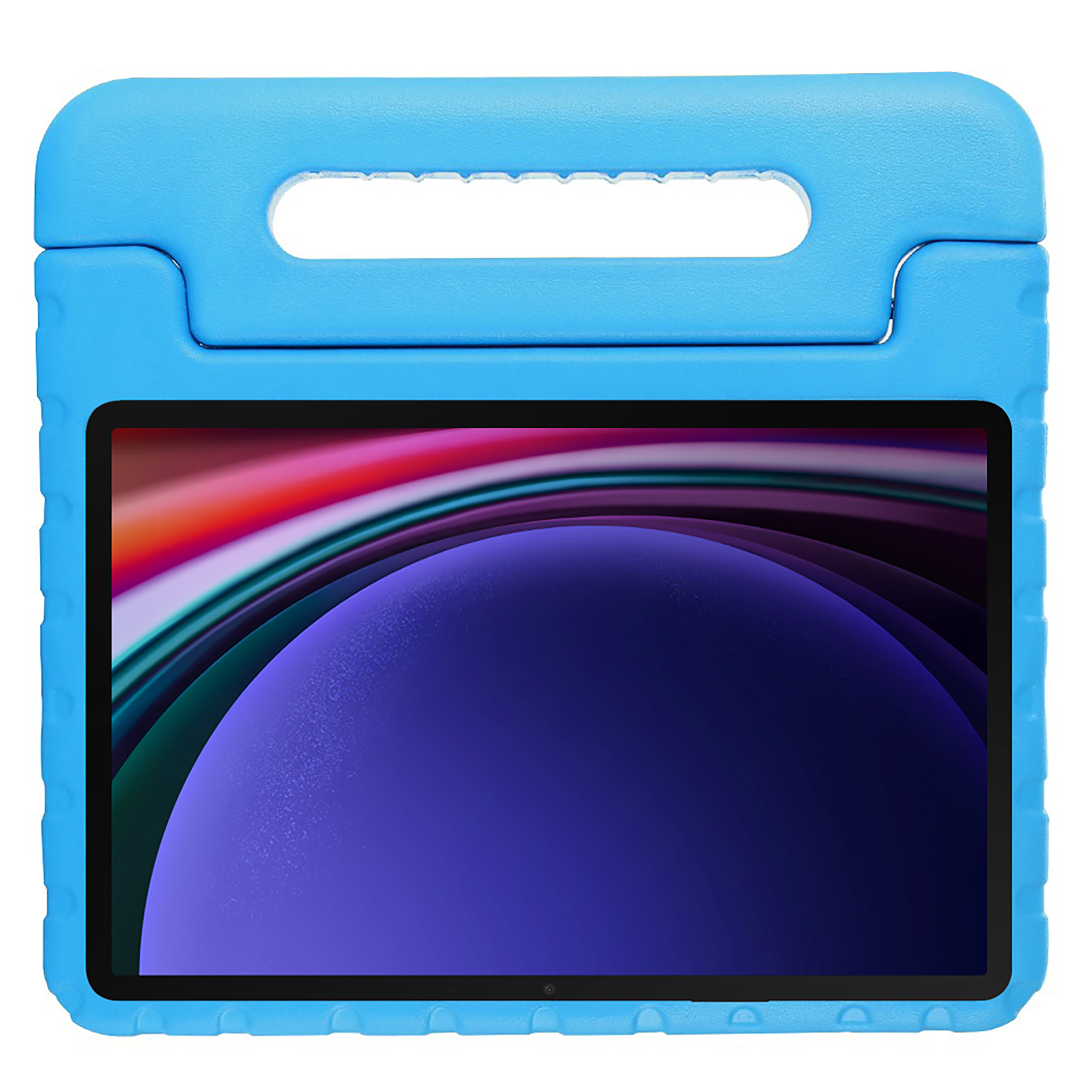 Blaue Tablethülle mit Griff. Tablet zeigt buntes abstraktes Design.