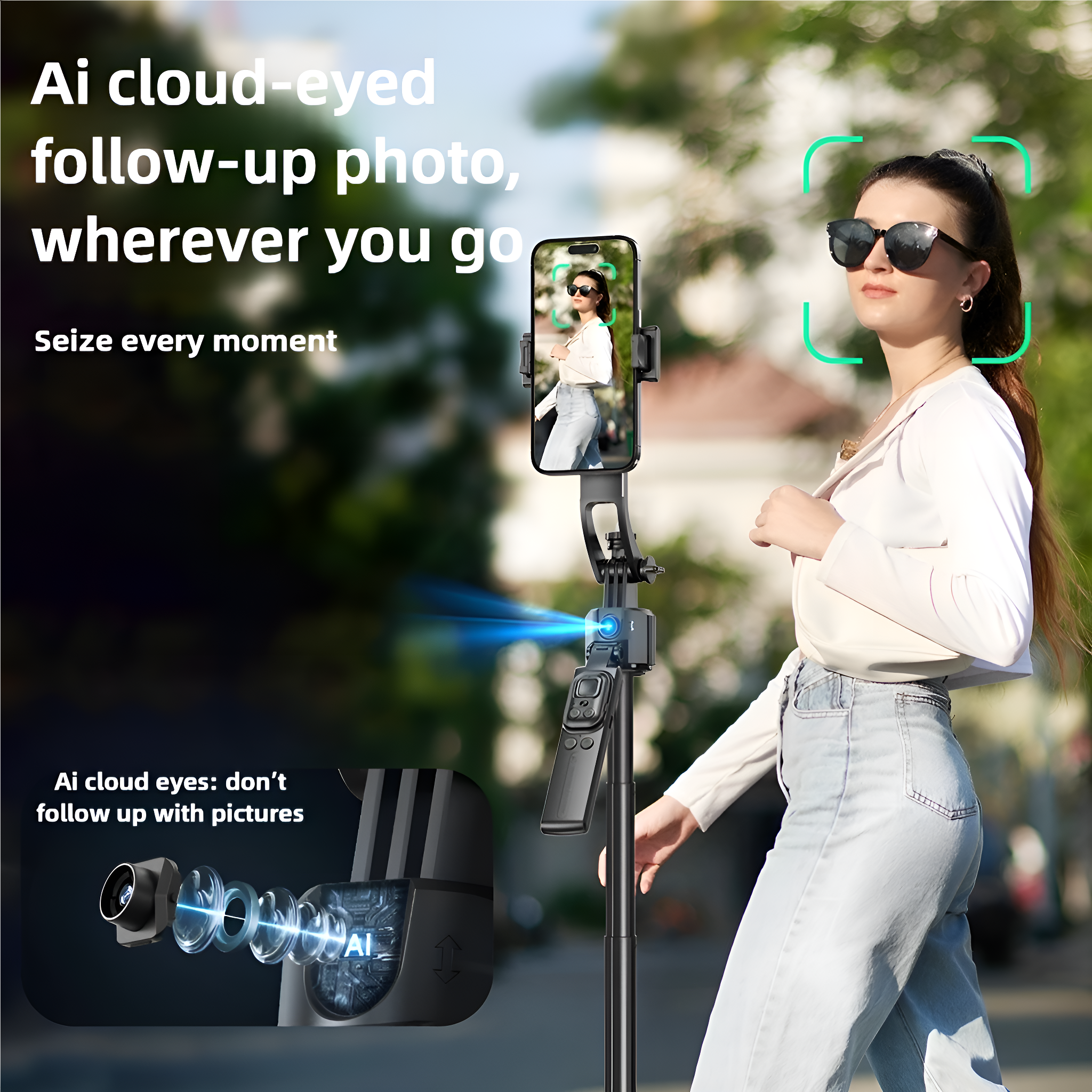 Frau mit Sonnenbrille benutzt Telefon auf Stativ. Bild zeigt Stadtstraße.
