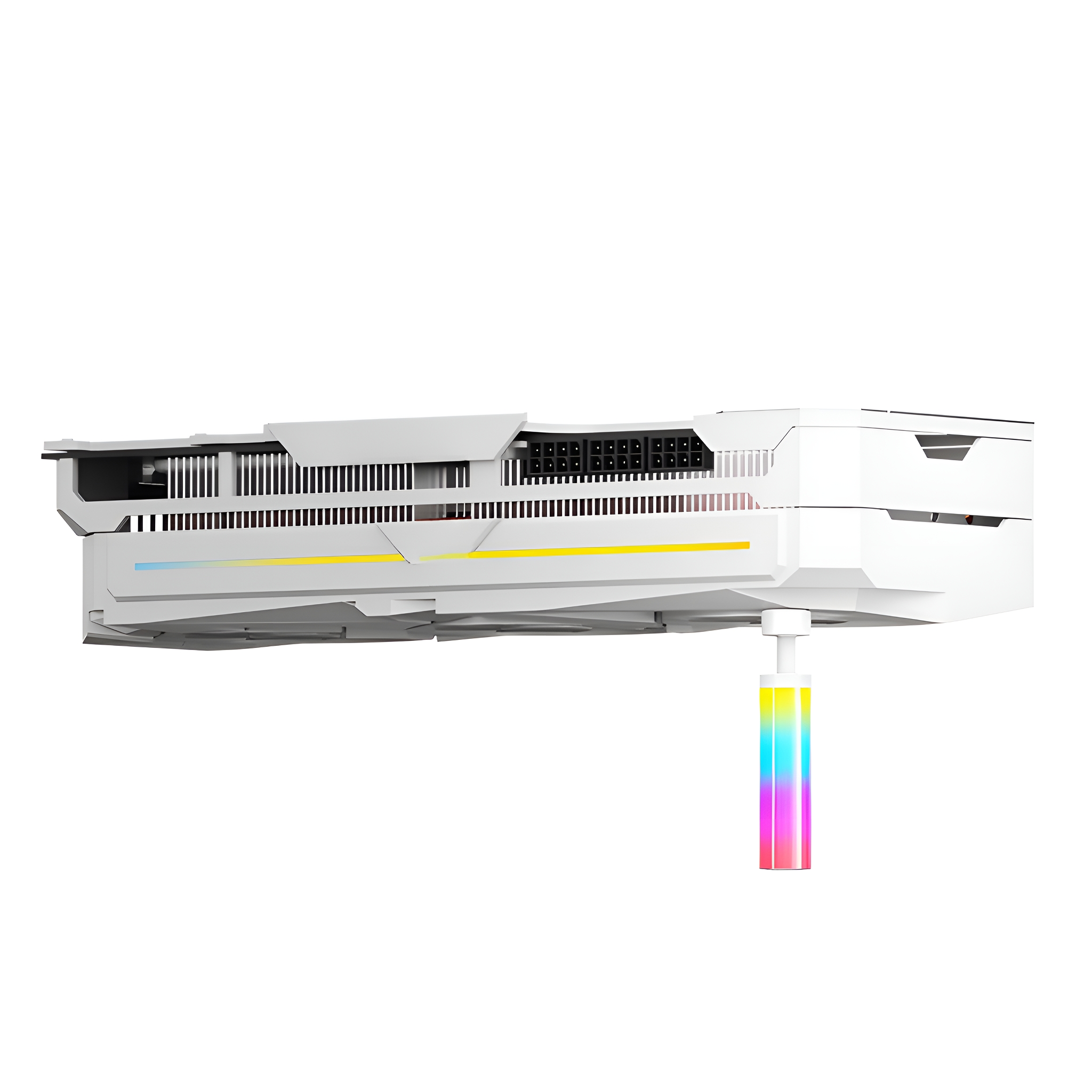 Eine weiße Computer-Grafikkarte mit RGB-Beleuchtung.