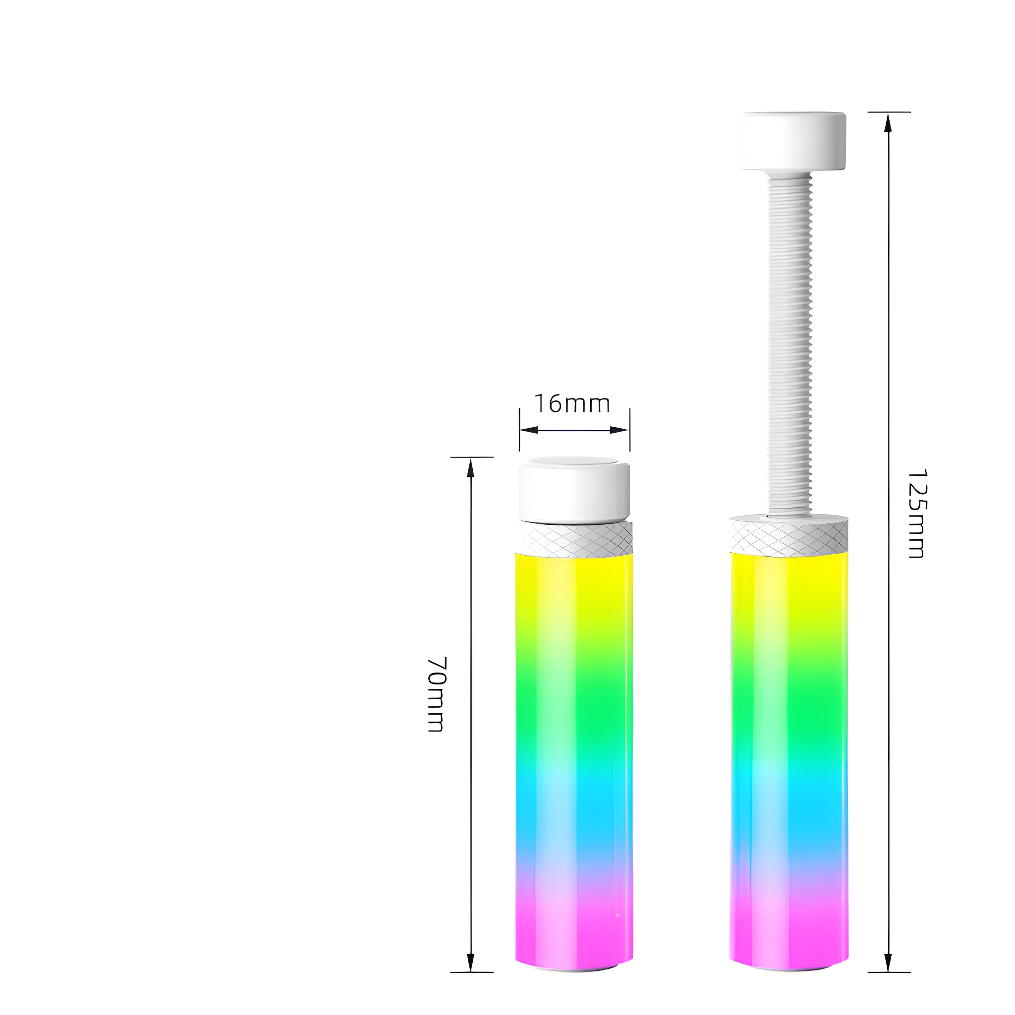 Zwei mehrfarbige LED-Leuchten mit Abmessungen. Eine ist aufrecht, eine horizontal. Weiße Oberseite, bunter Farbverlaufskörper.