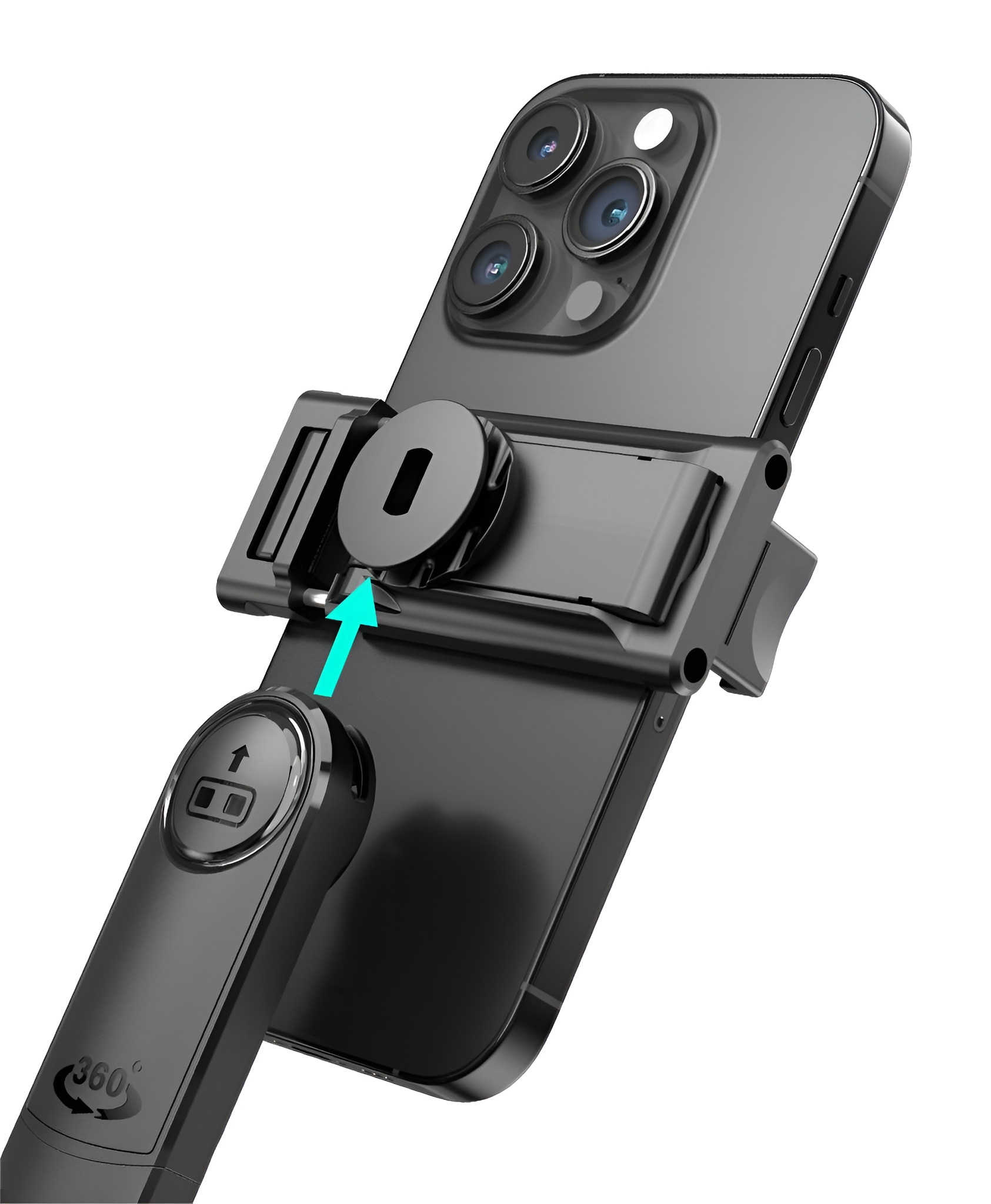 Schwarzes Telefon an einem Selfie-Stick befestigt, mit Pfeil auf den Verriegelungsknopf.