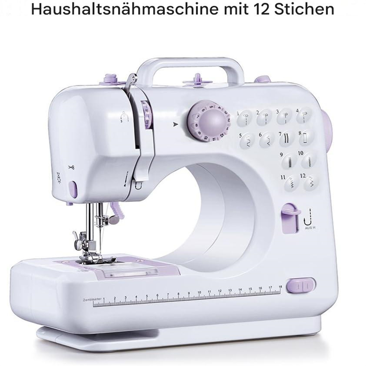Weiße Nähmaschine mit lila Akzenten.