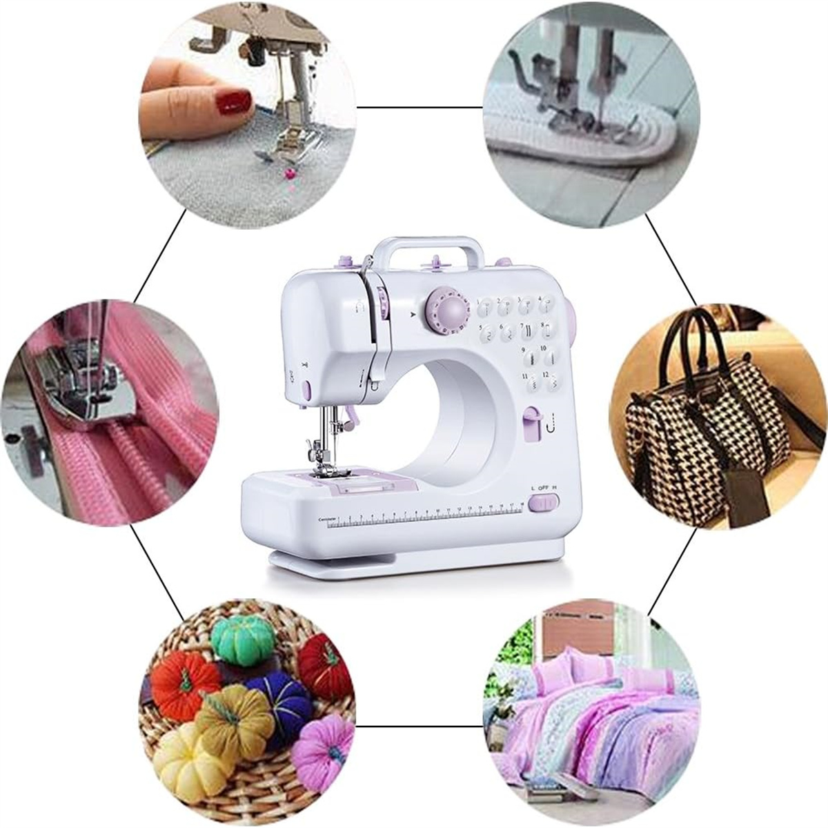 Nähmaschine, umgeben von Bildern des Nähens und verwandter Handarbeiten. Enthält Taschen und Kissen.
