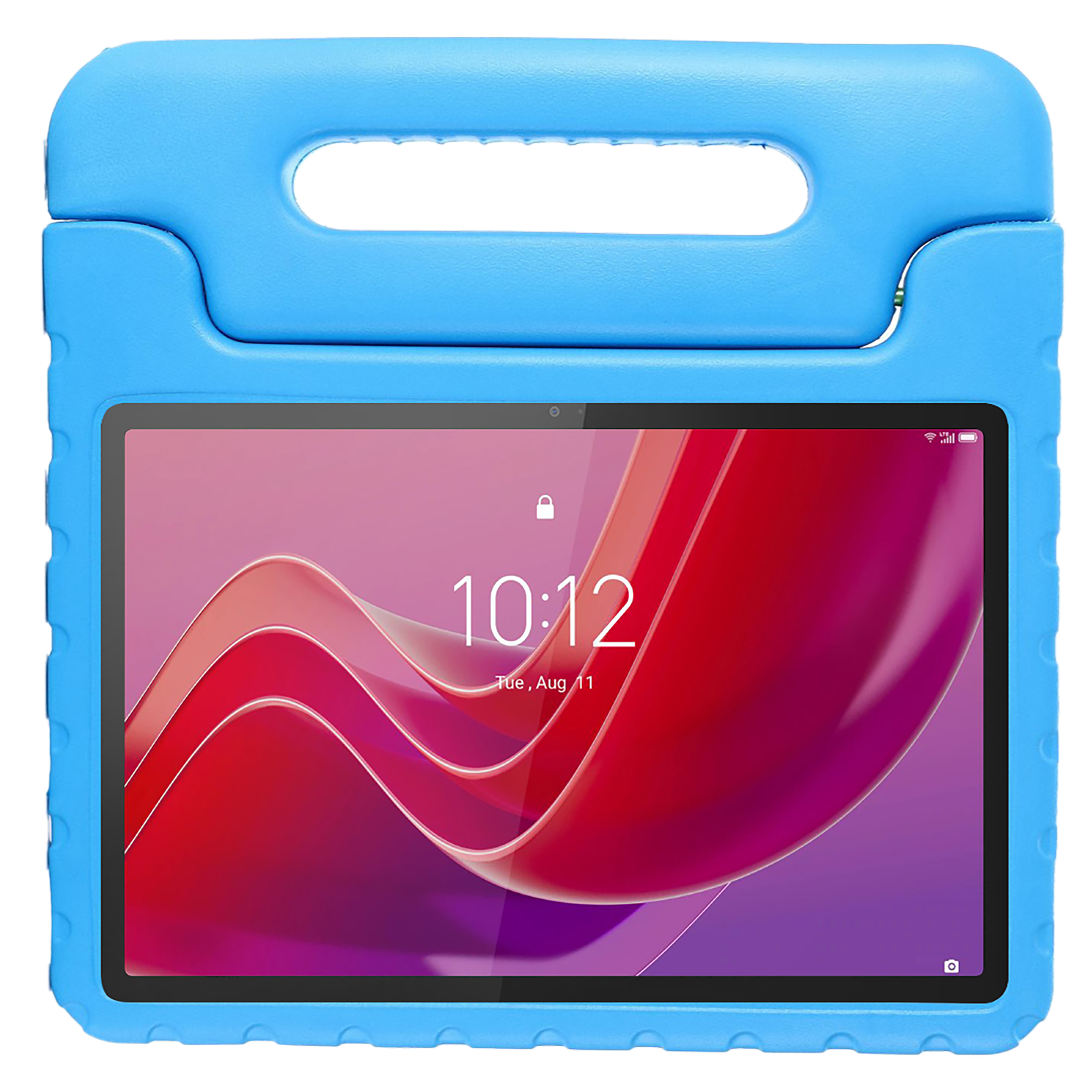Blaues Tablet in einer blauen Hülle. Der Bildschirm zeigt die Uhrzeit 10:12 und einen rot-violetten Hintergrund.