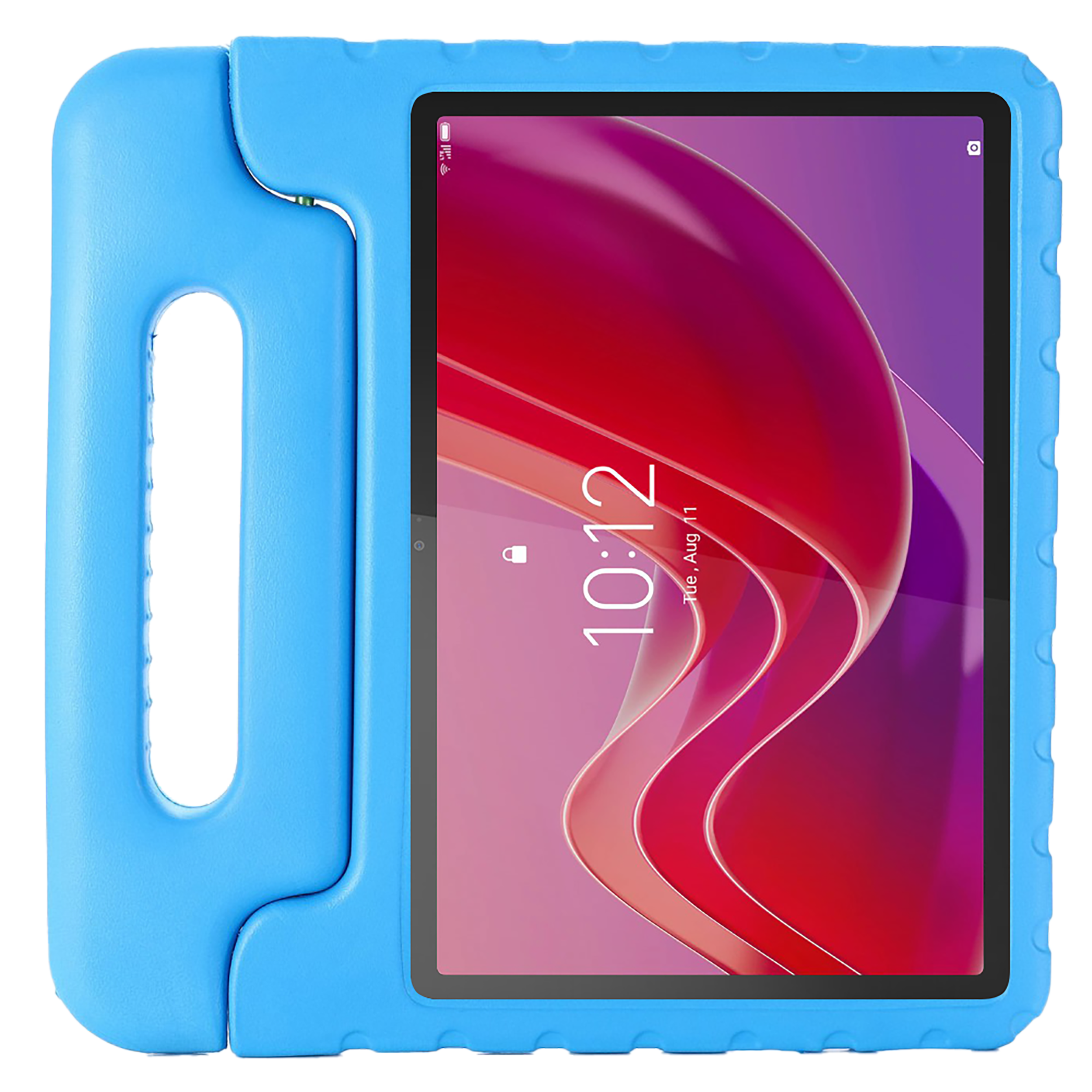 Blaue Tablethülle mit Tablet. Das Tablet zeigt einen bunten Bildschirm.