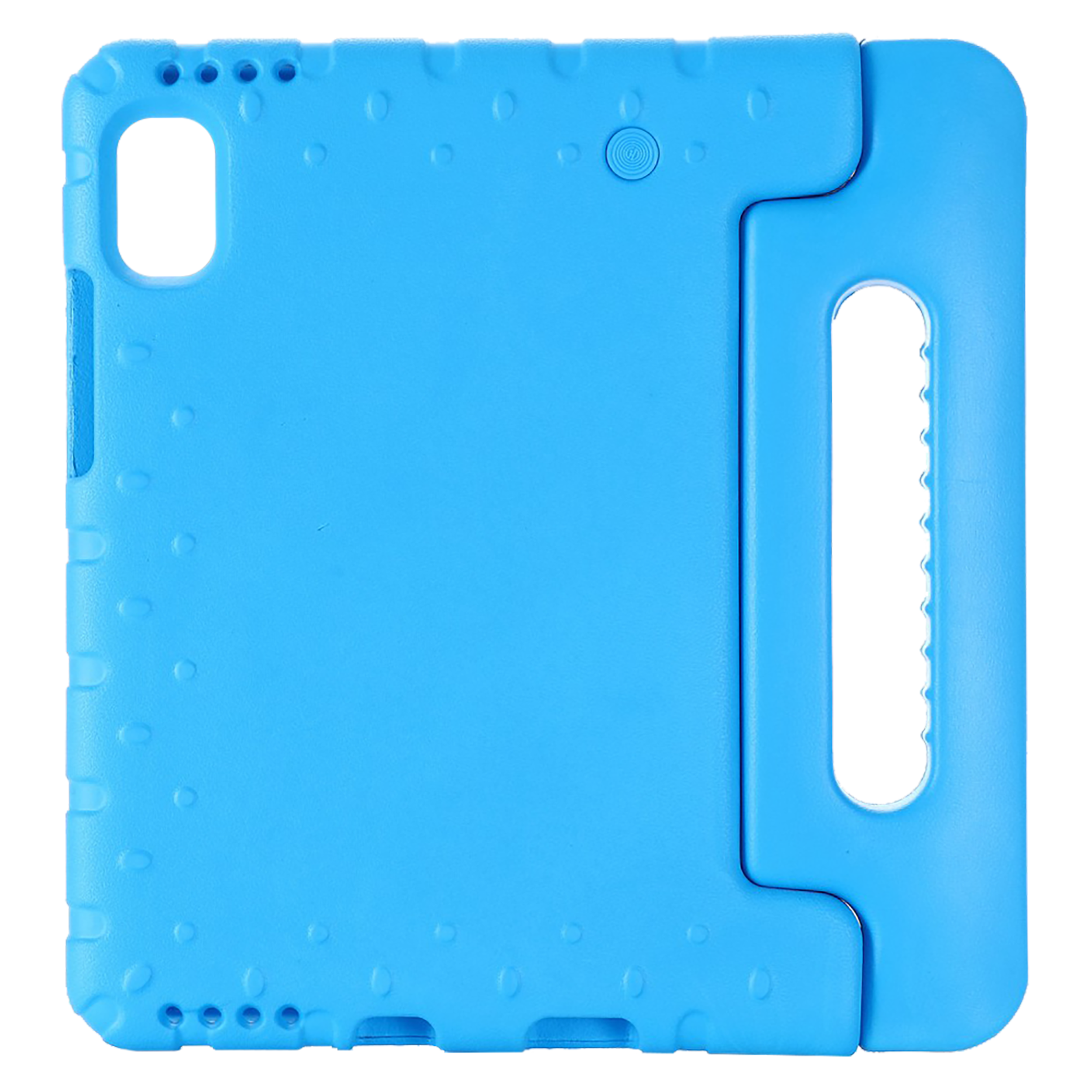 Blaue Tablethülle mit Griff und Aussparungen. Die Tablethülle besteht aus Kunststoff, auf schwarzem Hintergrund.