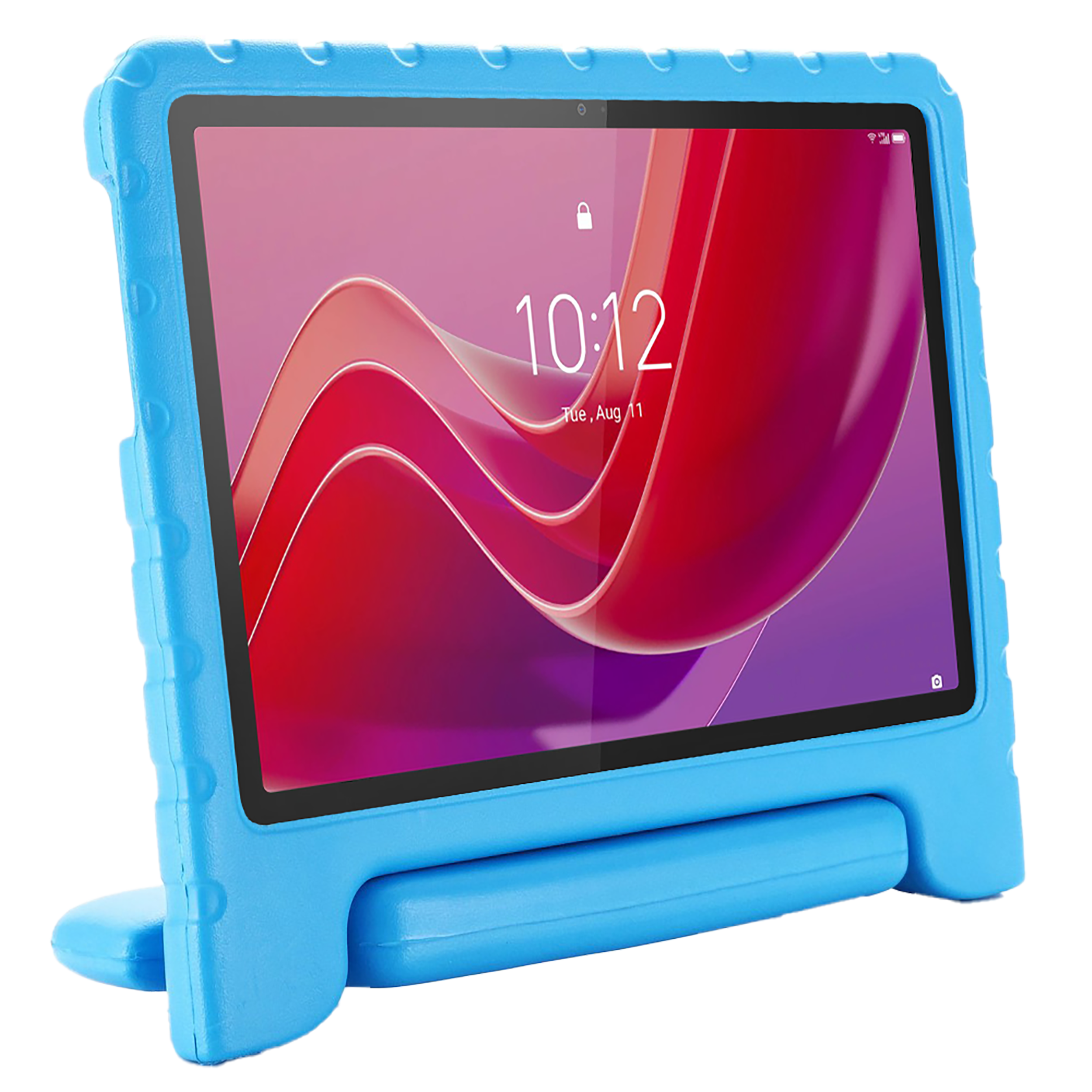 Blaues Tablet mit pinkfarbenem Bildschirm in einem blauen Schutzgehäuse.