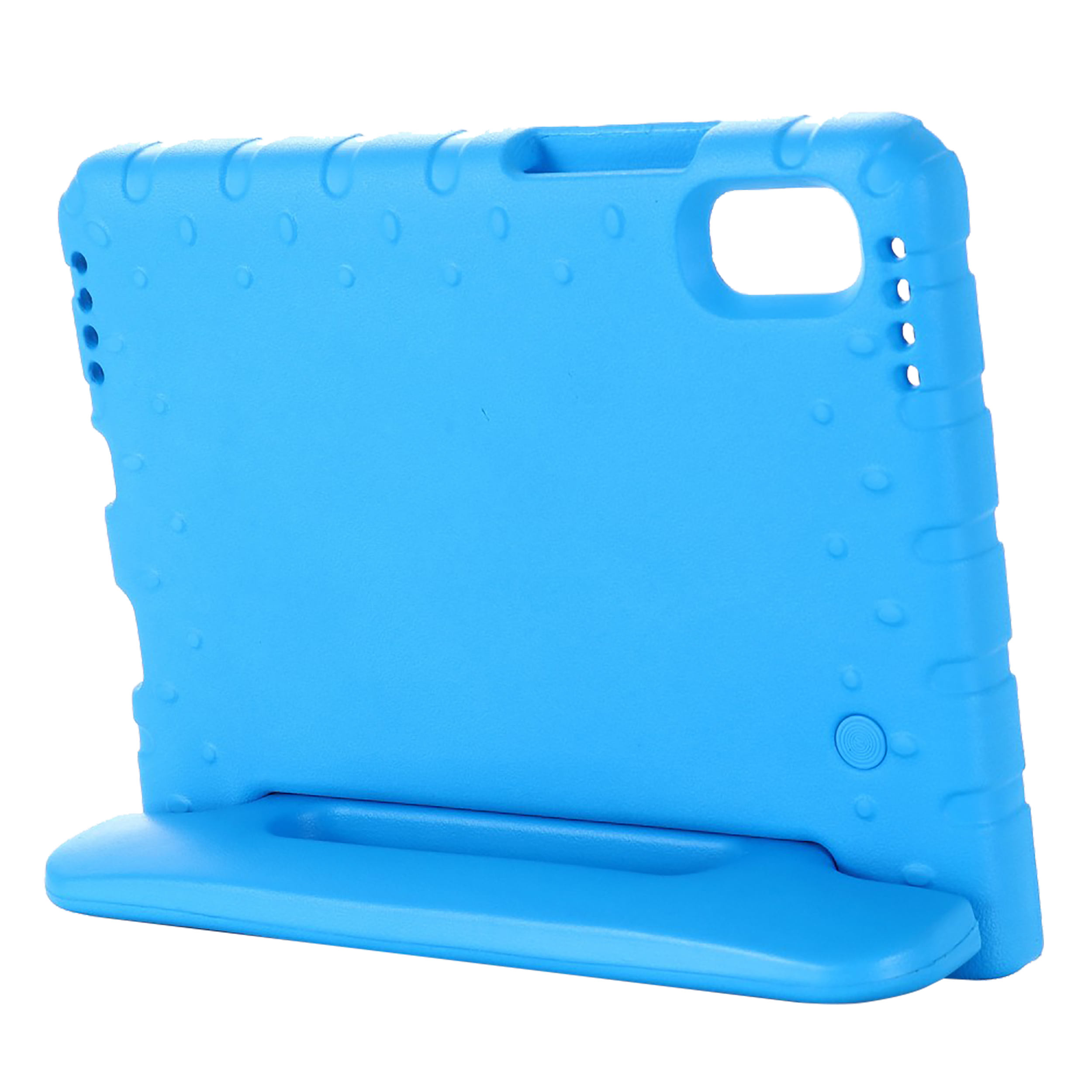 Blaue Tablet-Hülle mit Ständer auf schwarzem Hintergrund.