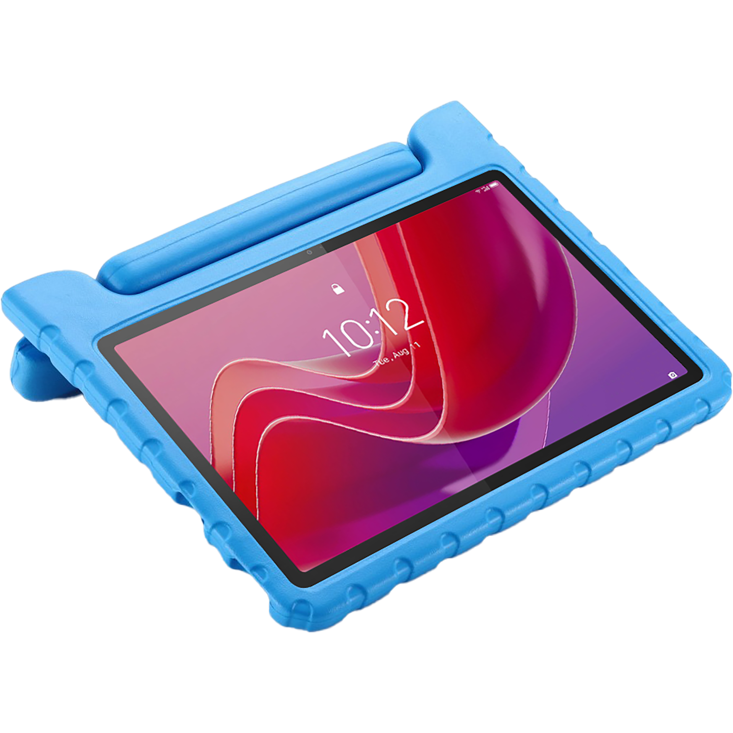 Blaues Tablet in blauem Gehäuse, zeigt die Uhrzeit. Schwarzer Hintergrund.