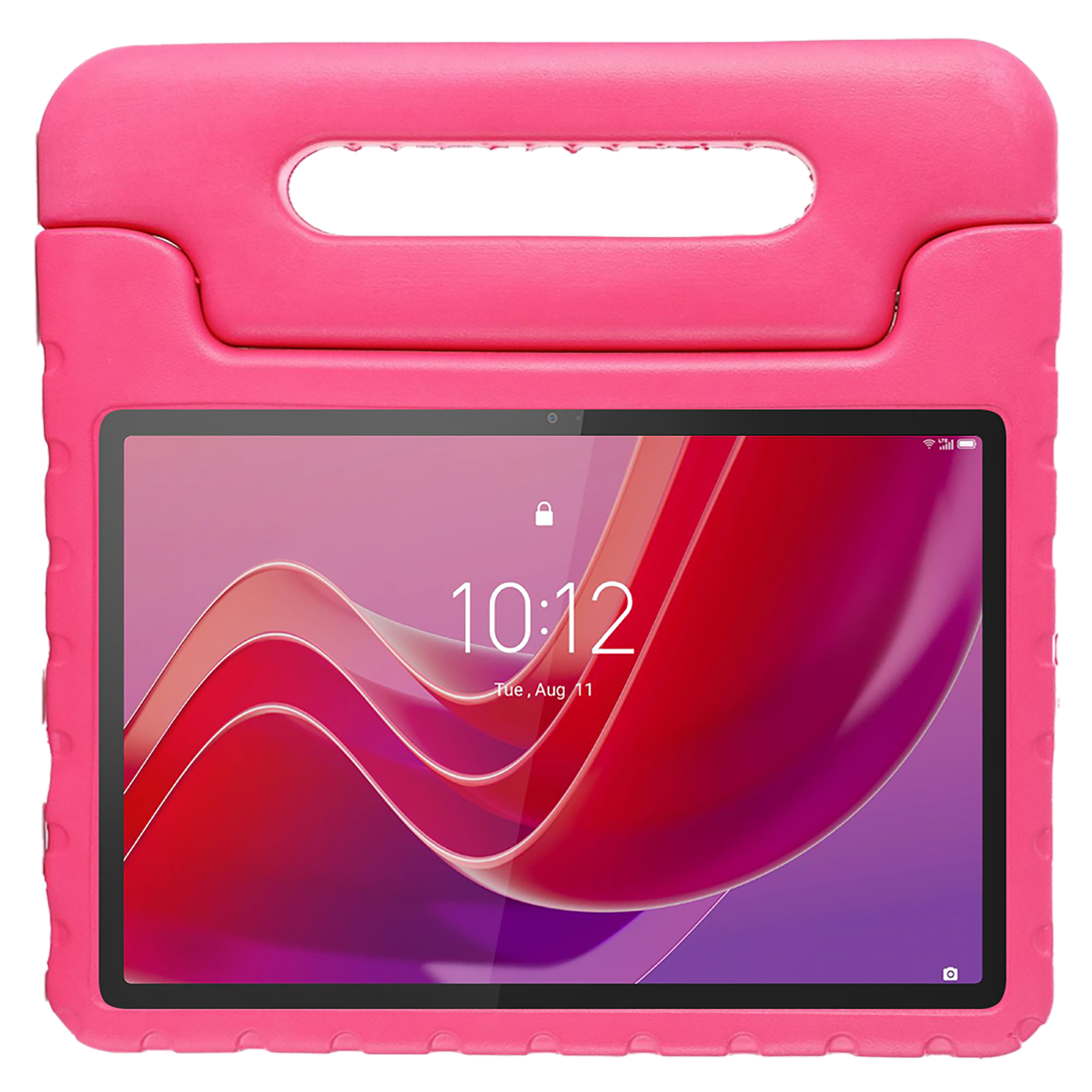 Rosa Tablethülle mit Griff. Tablet zeigt Uhrzeit und Datum an.