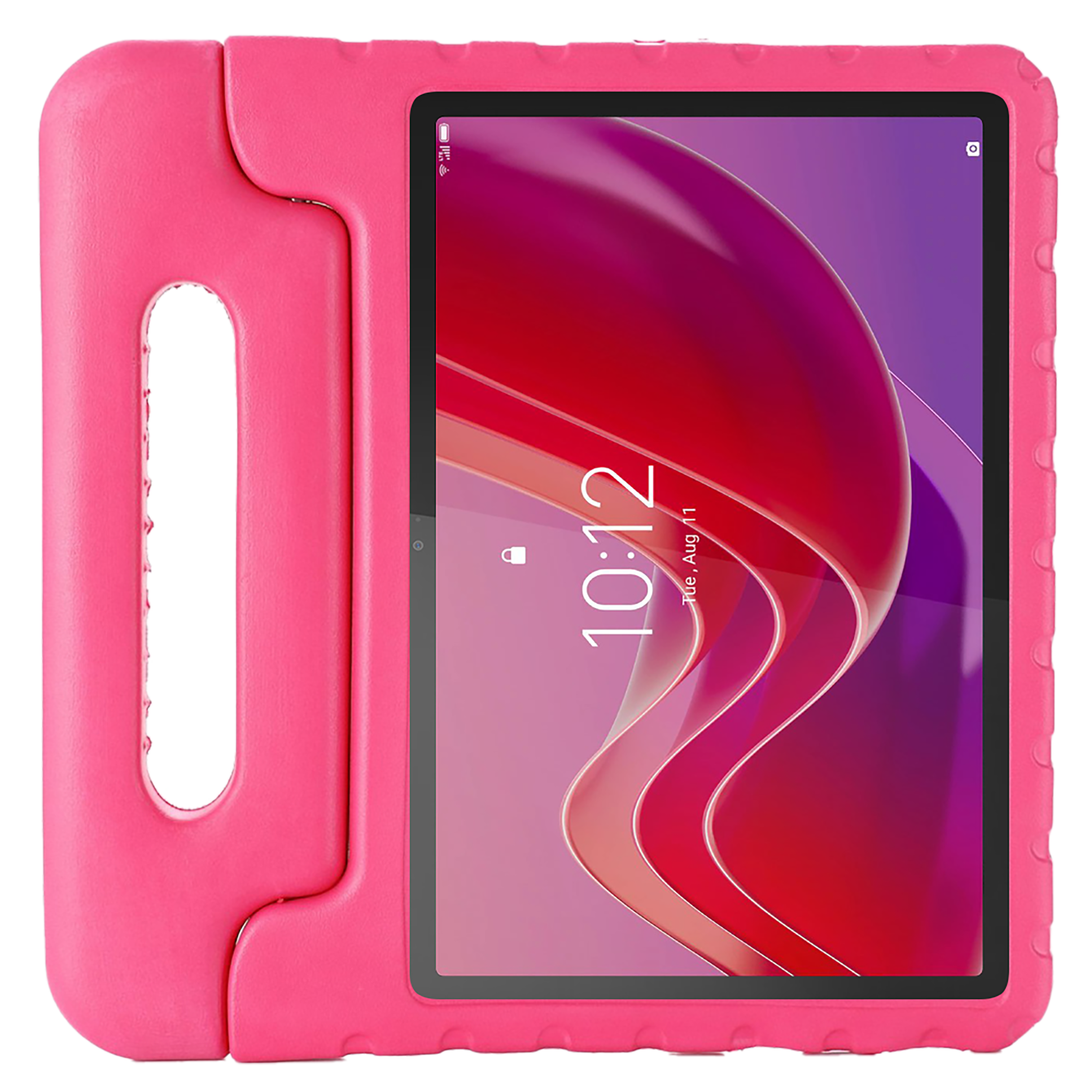 Ein rosa Tablet in einem rosa Gehäuse mit Griff, zeigt einen Bildschirm.