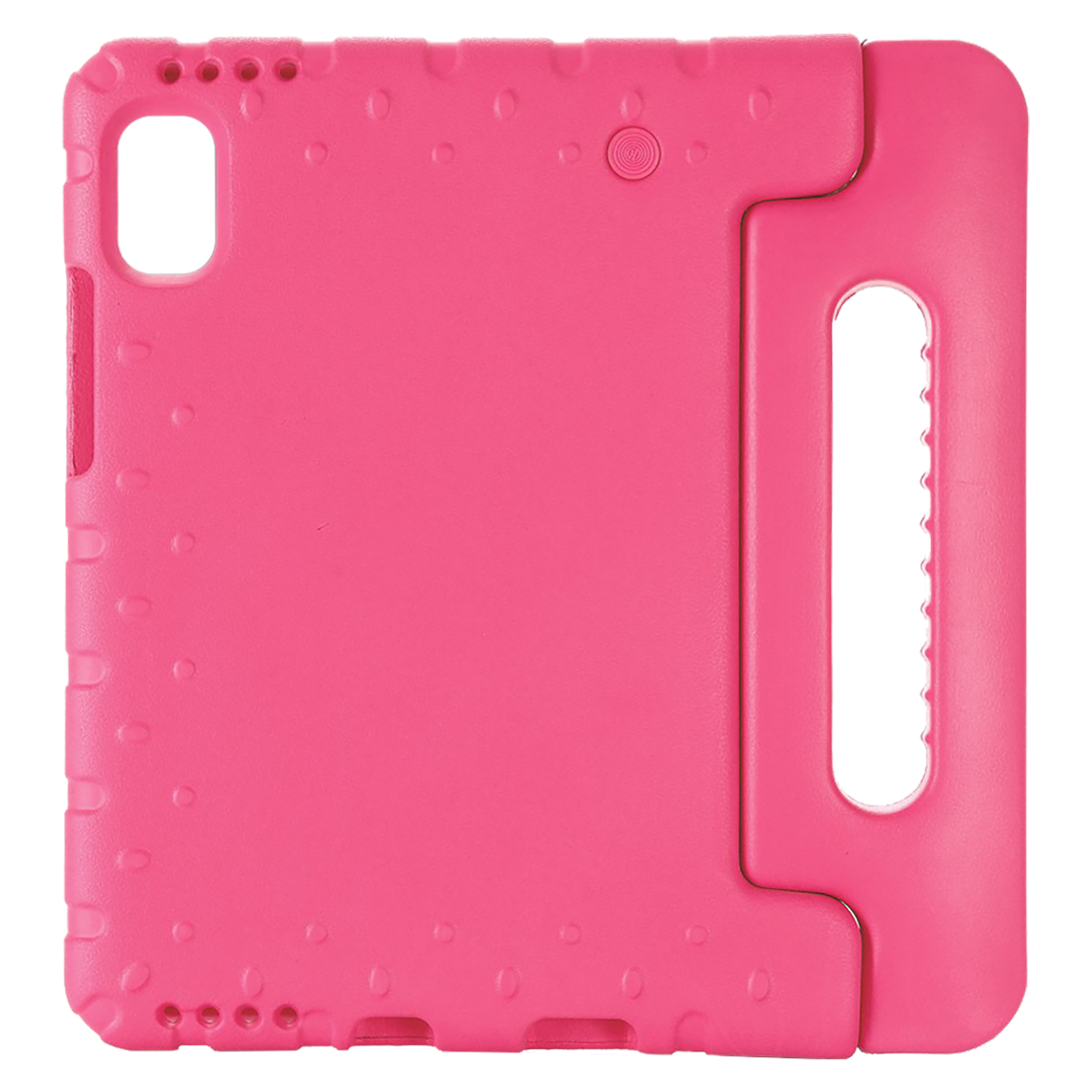 Eine rosa Tablethülle mit Griff, mit schwarzem Hintergrund.