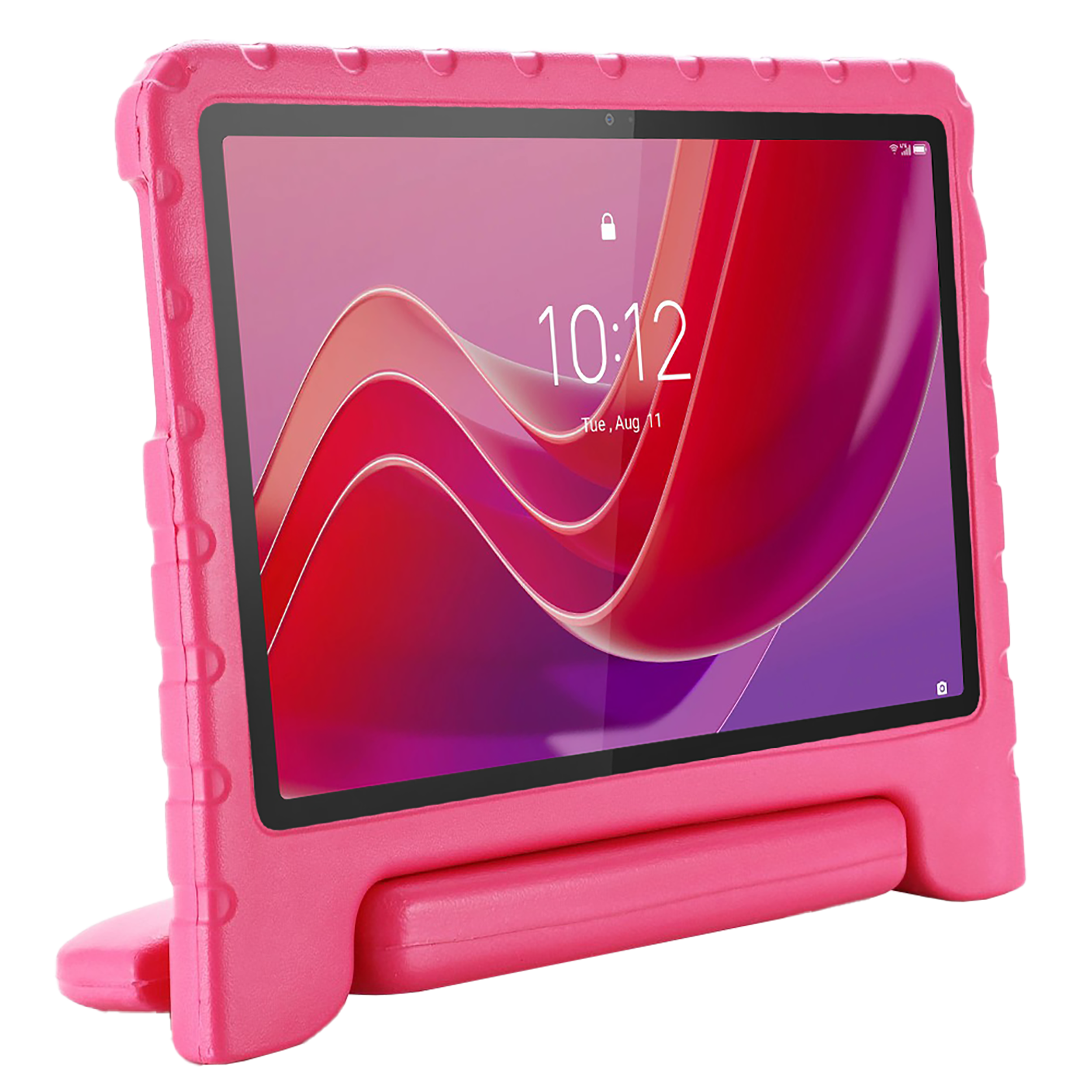 Rosa Tablet mit rosa Gehäuse. Der Bildschirm zeigt ein Bild an. Auf der Rückseite befindet sich ein Ständer.