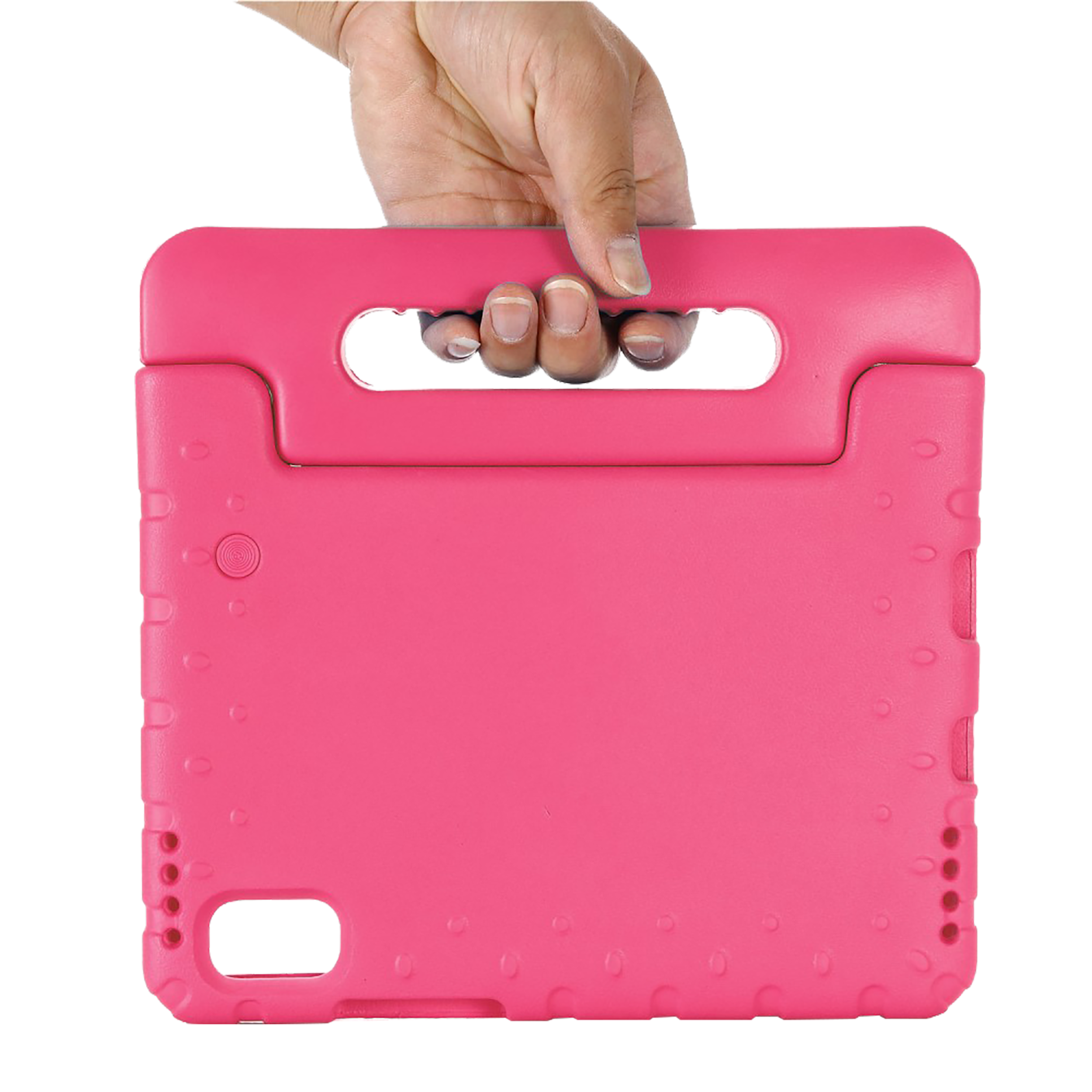 Eine pinkfarbene Tablethülle mit Griff. Die Hülle wird von einer Hand gehalten.