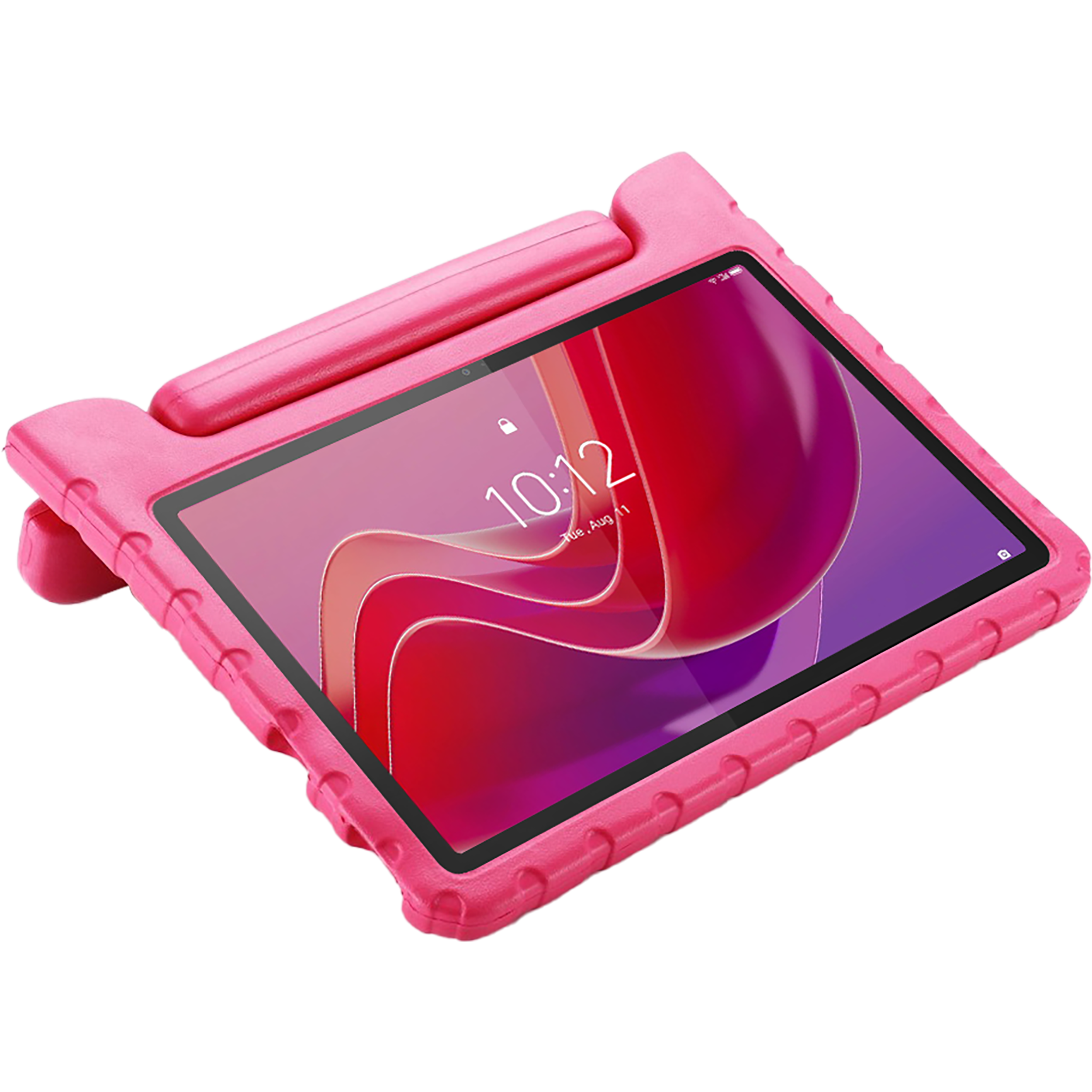 Rosa Tablet in einer rosa Schutzhülle. Der Bildschirm zeigt einen Homescreen.