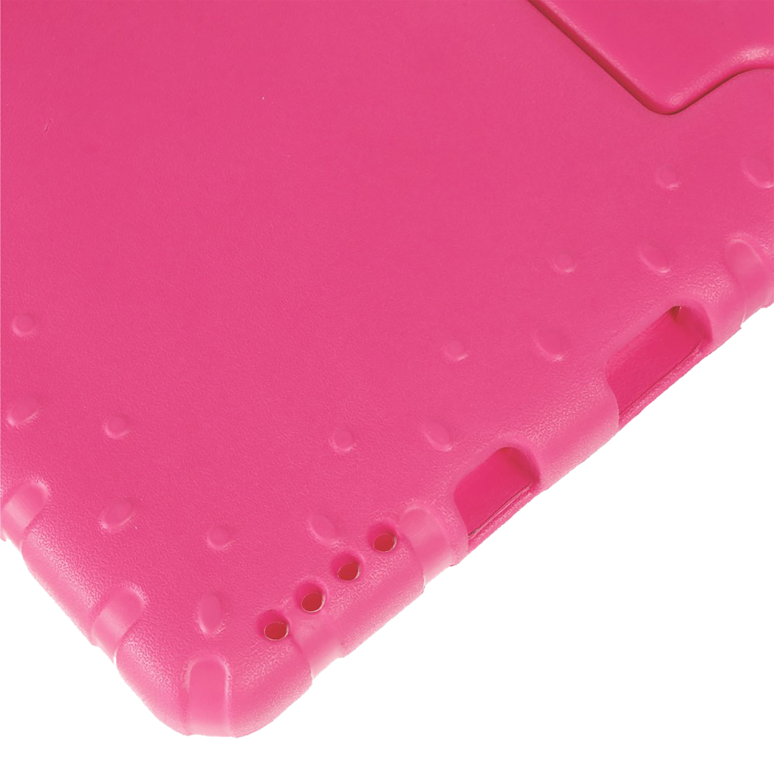 Ecke eines rosa Tablets mit Löchern und gebogenen Kanten. Schwarzer Hintergrund.