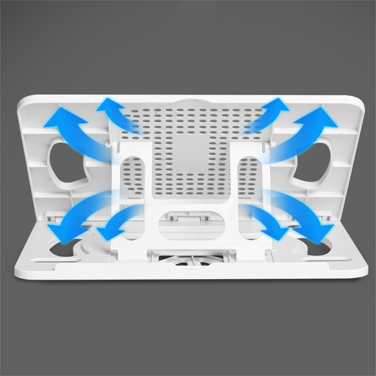 Weißer Laptop-Ständer mit blauen Pfeilen, die den Luftstrom zeigen. Hat ein Gitterdesign und zwei Becherhalter.