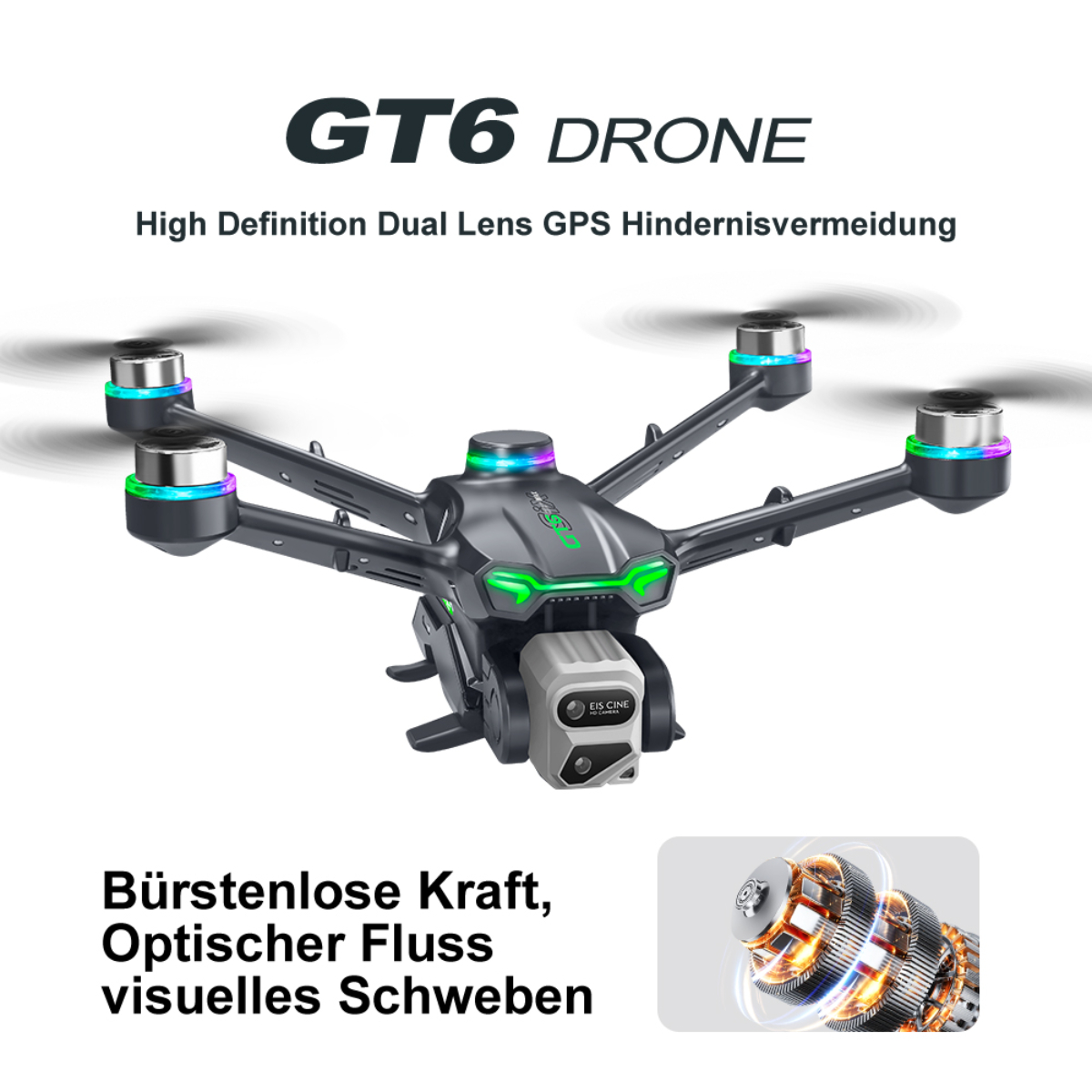 Eine schwarze Drohne mit mehreren Propellern. Text auf Deutsch: 'GT6 Drohne'.