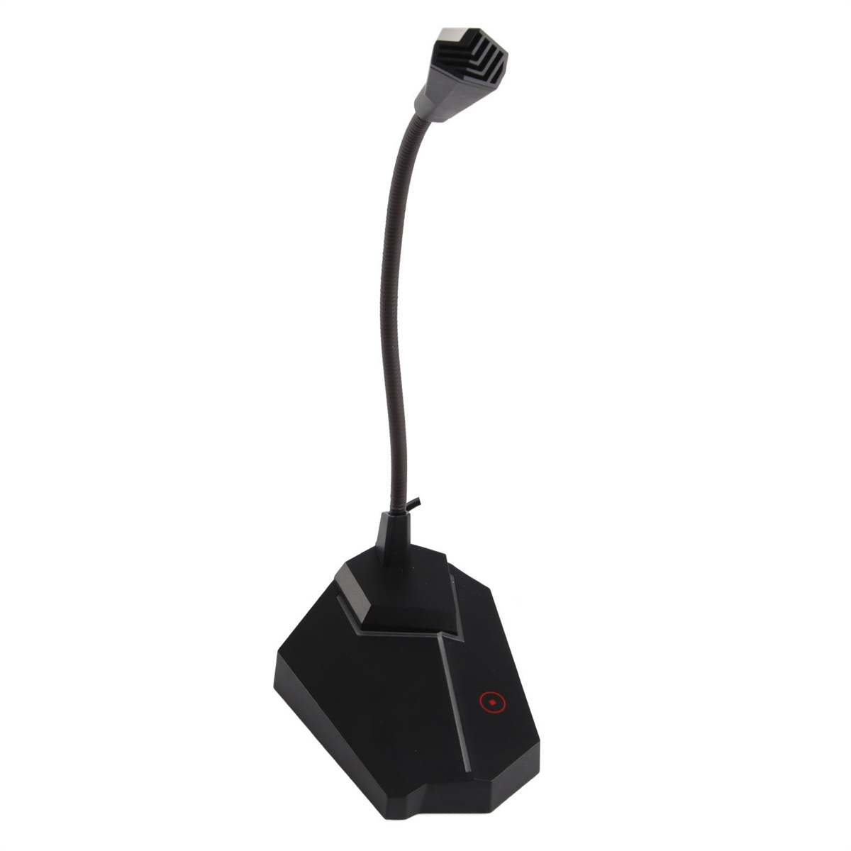 Schwarzes Mikrofon mit flexiblem Arm und Ständer. Roter Power-Button am Ständer.