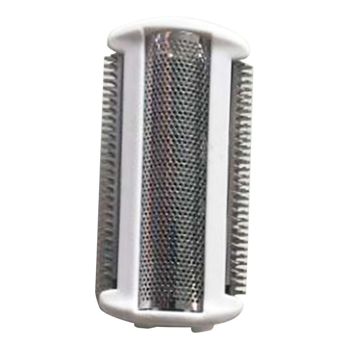 Nahaufnahme einer Rasierklingenbaugruppe. Sie ist weiß und silber mit perforierter Metalloberfläche.