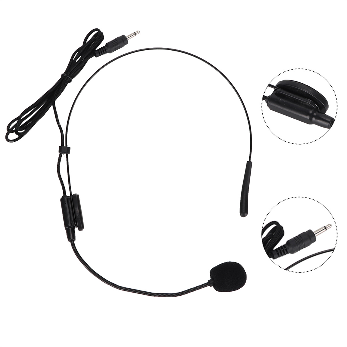 Ein schwarzes Headset-Mikrofon mit flexiblem Bügel und zwei Nahaufnahmen des Steckers.