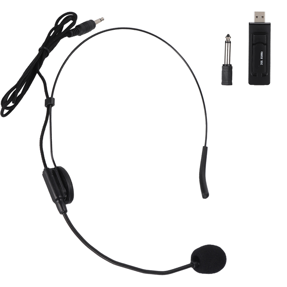 Headset-Mikrofon mit Bügel, 3,5-mm-Klinkenkabel und USB-Adapter.