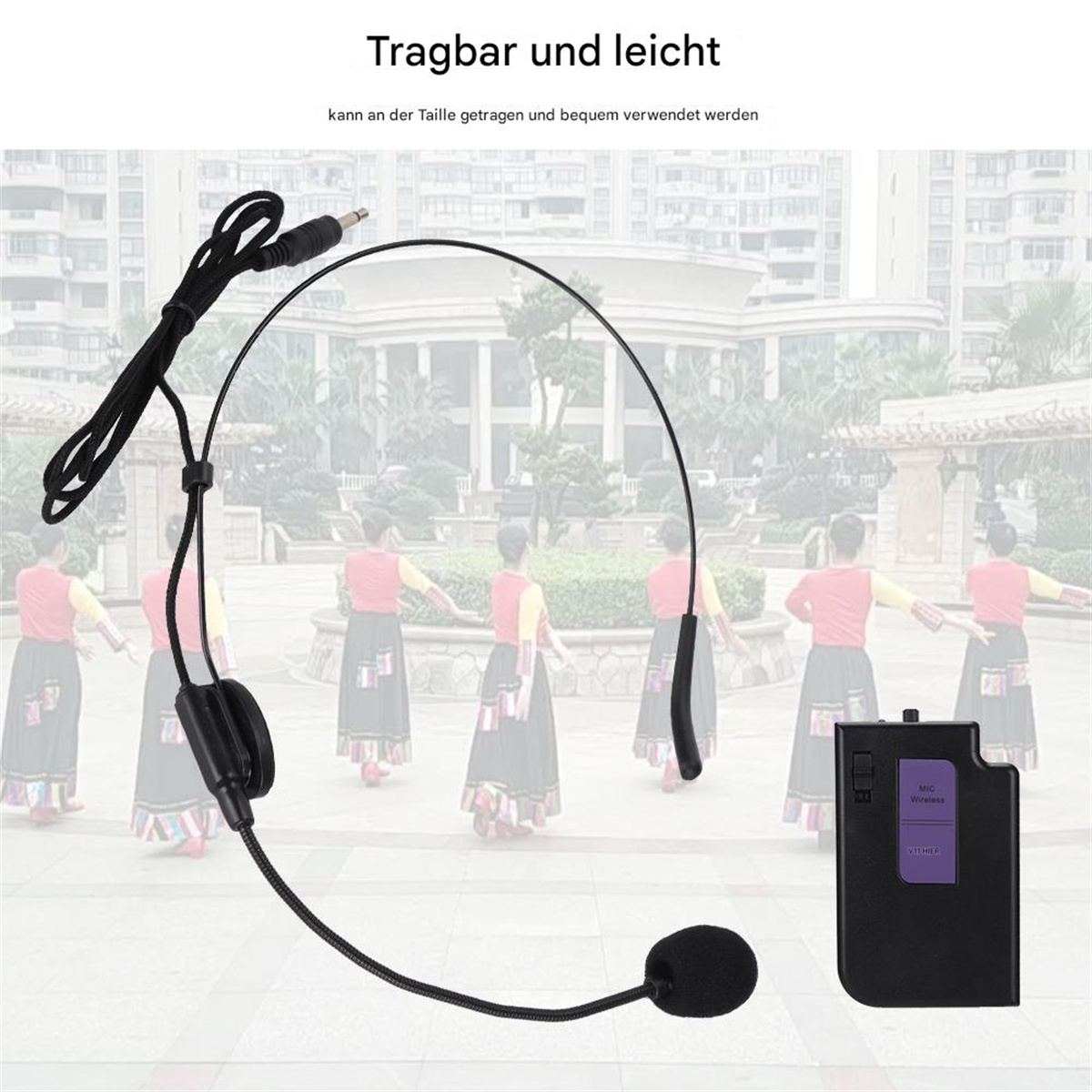Headset-Mikrofon und Empfänger. Schwarzes Mikrofon an einem gebogenen Bügel. Empfänger schwarz-lila.